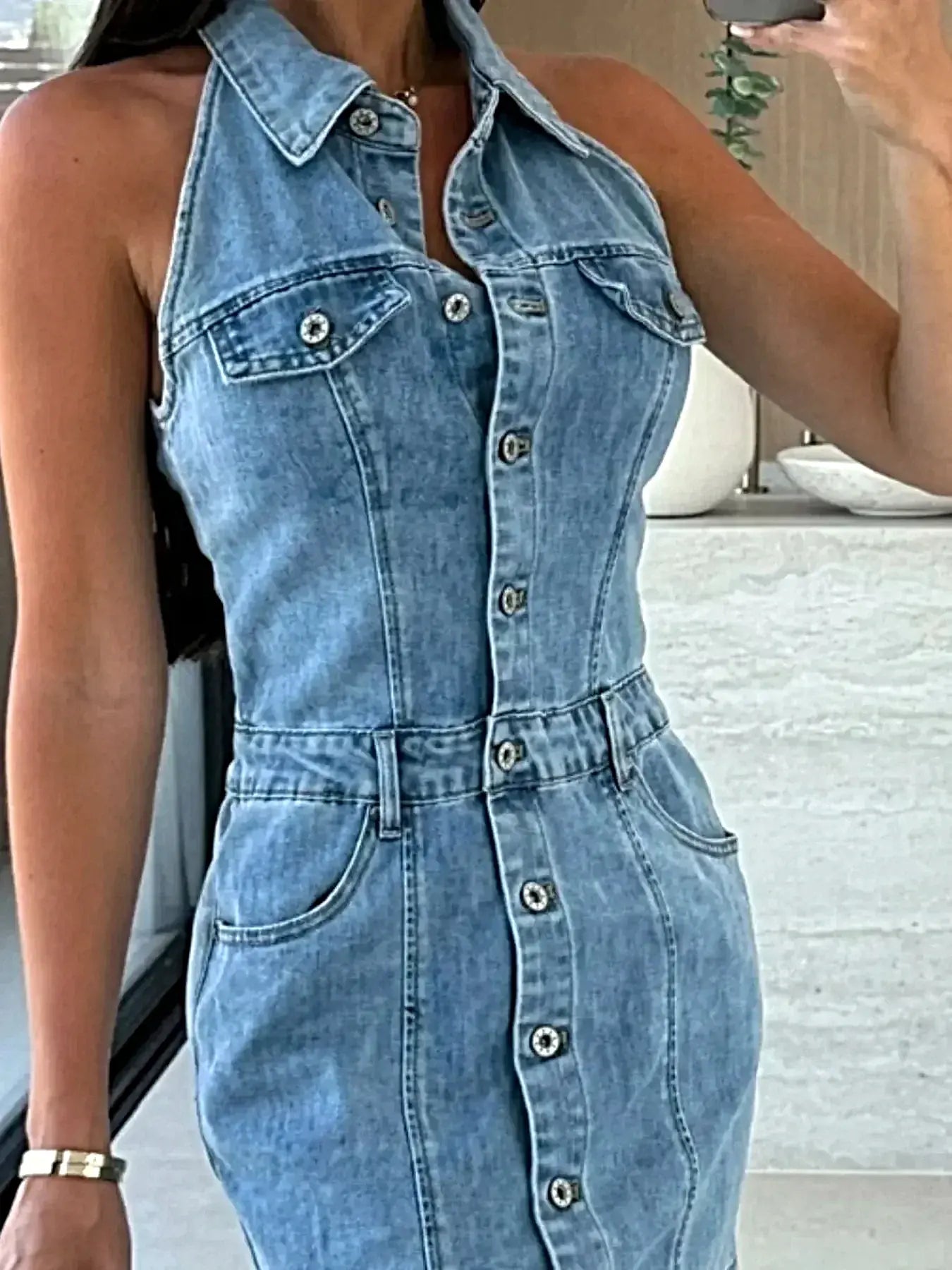 Button Front Sleeveless Denim Mini Dress -