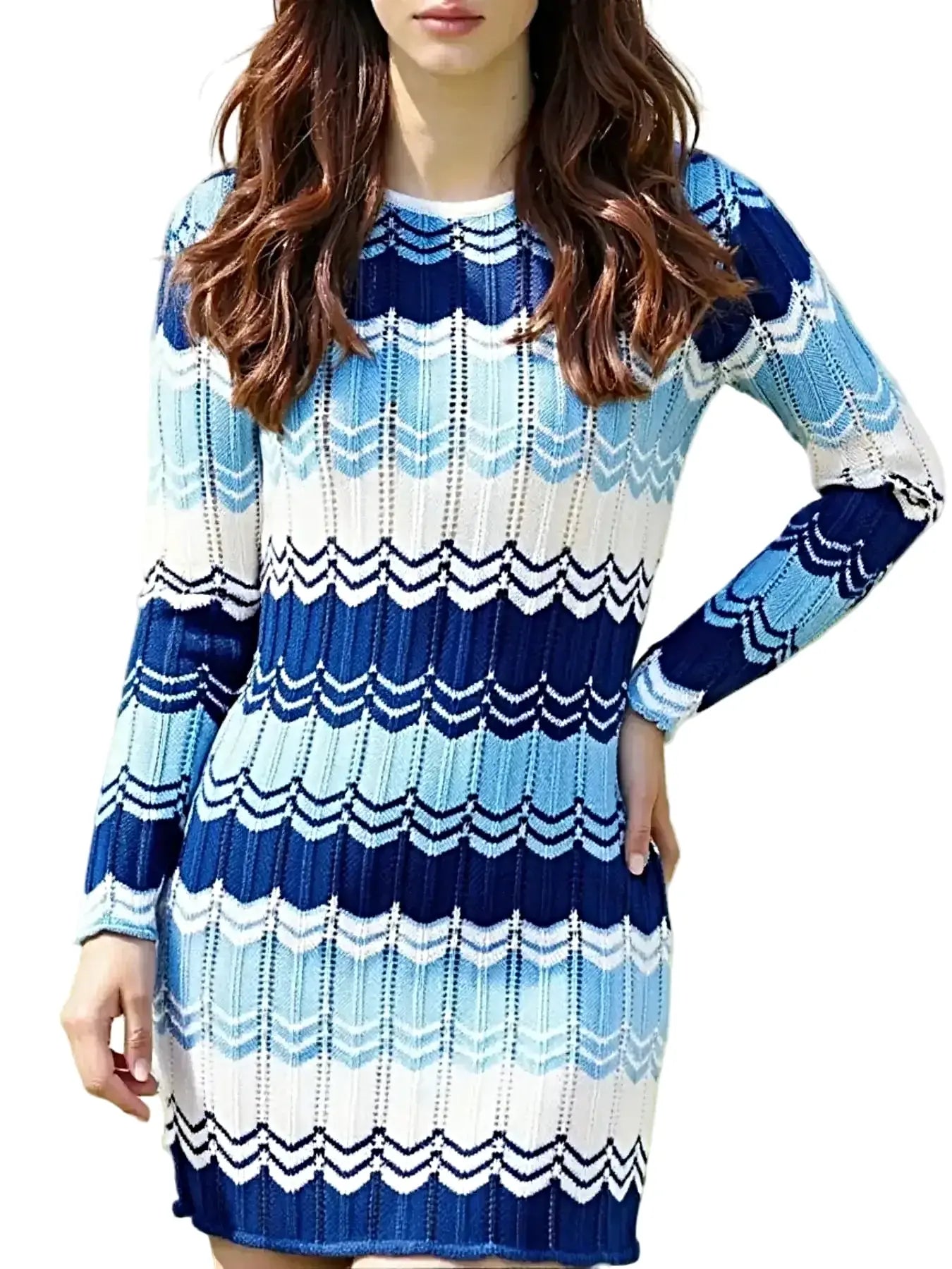 Openwork Wave Pattern Long Sleeve Sweater Dress -