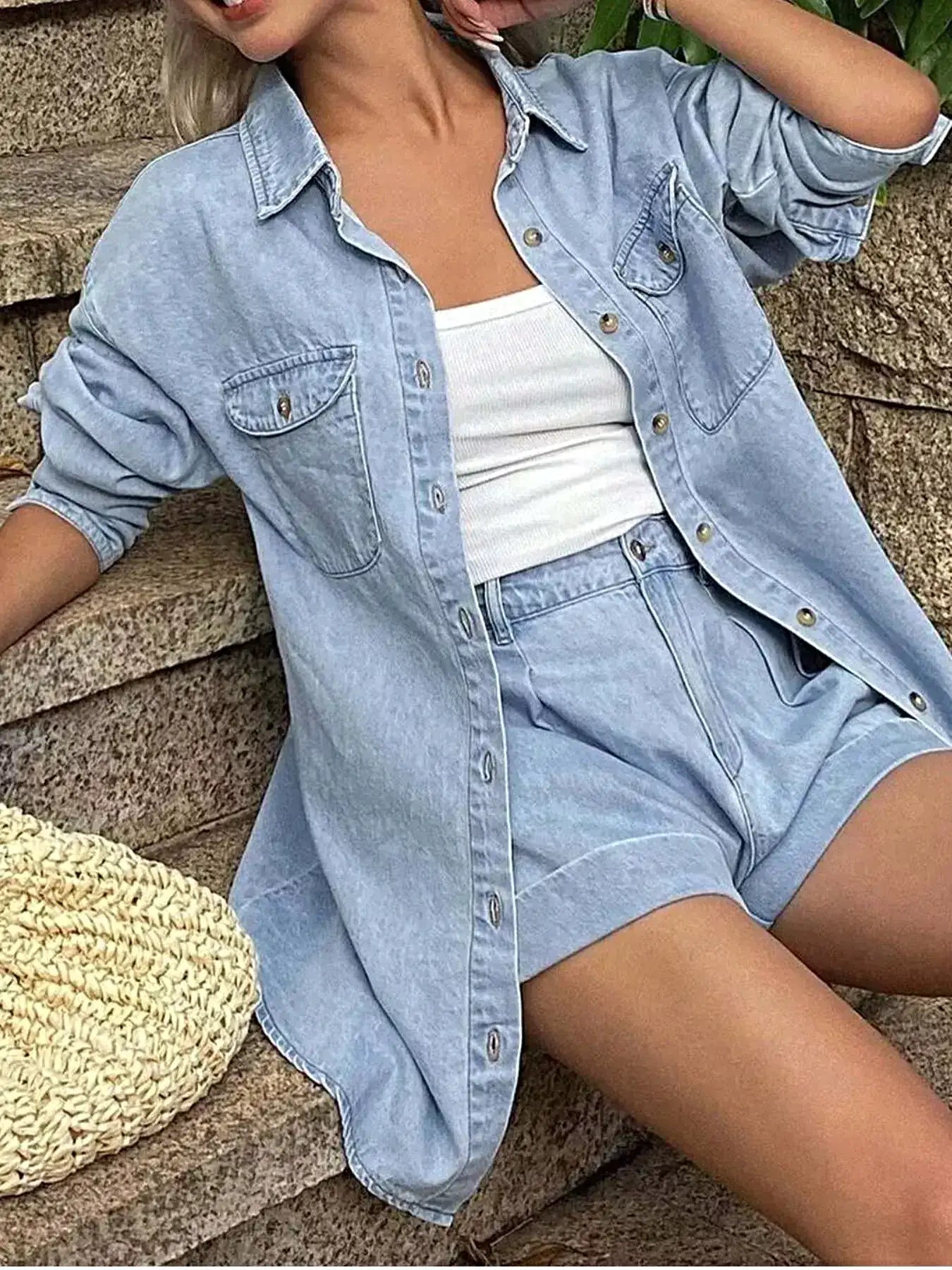 Button Up Long Sleeve Shirt and Shorts Denim Set -