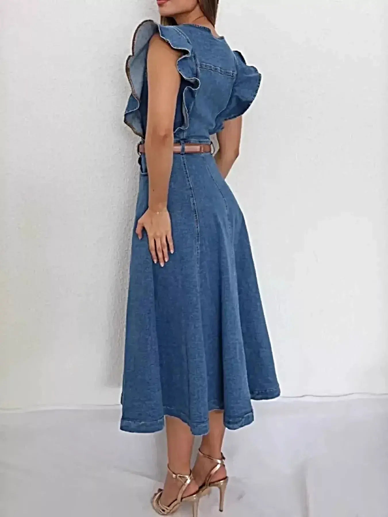 Ruffled Button Front Denim Dress -