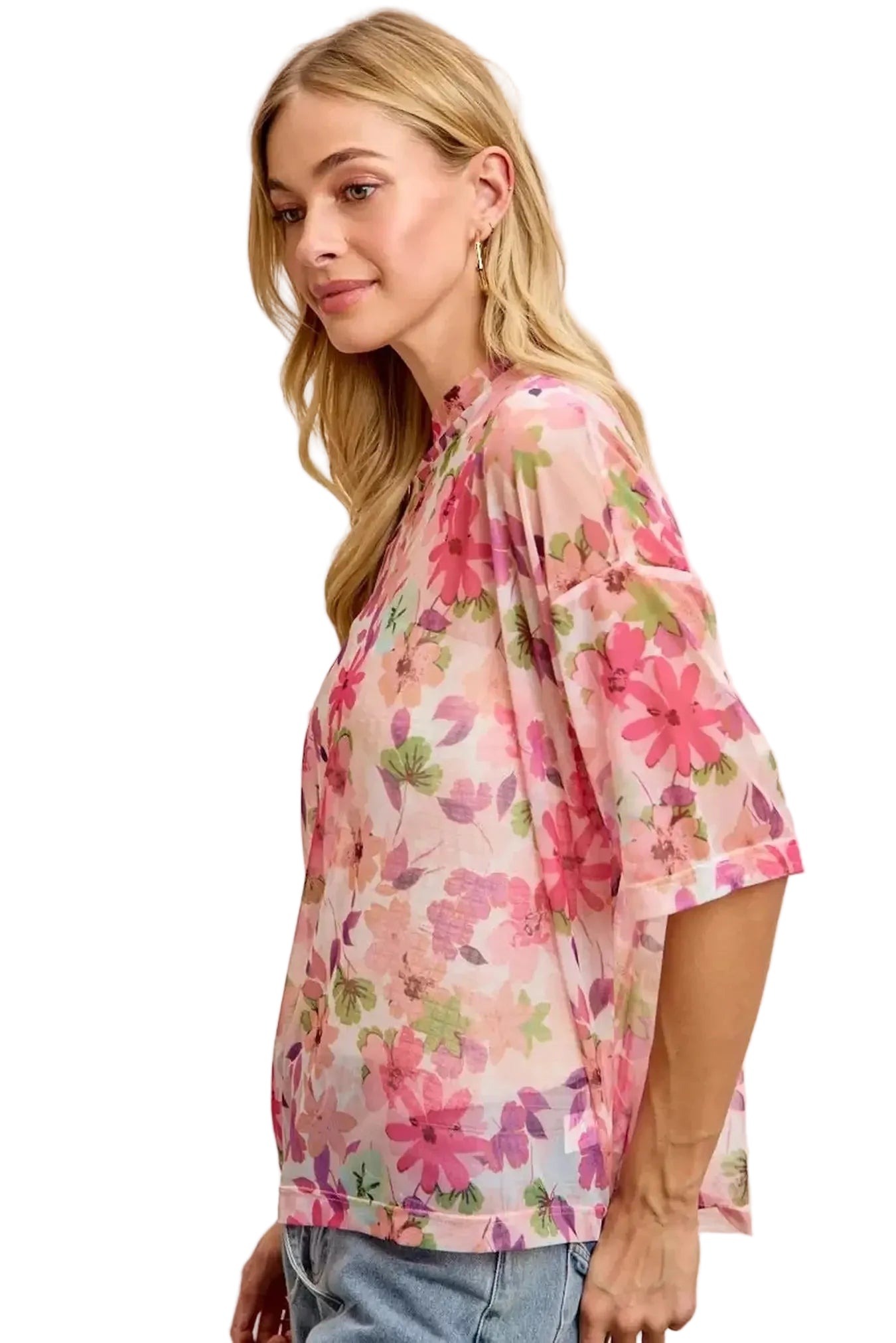 BiBi Floral Print Short Sleeves Boxy Mesh Top -