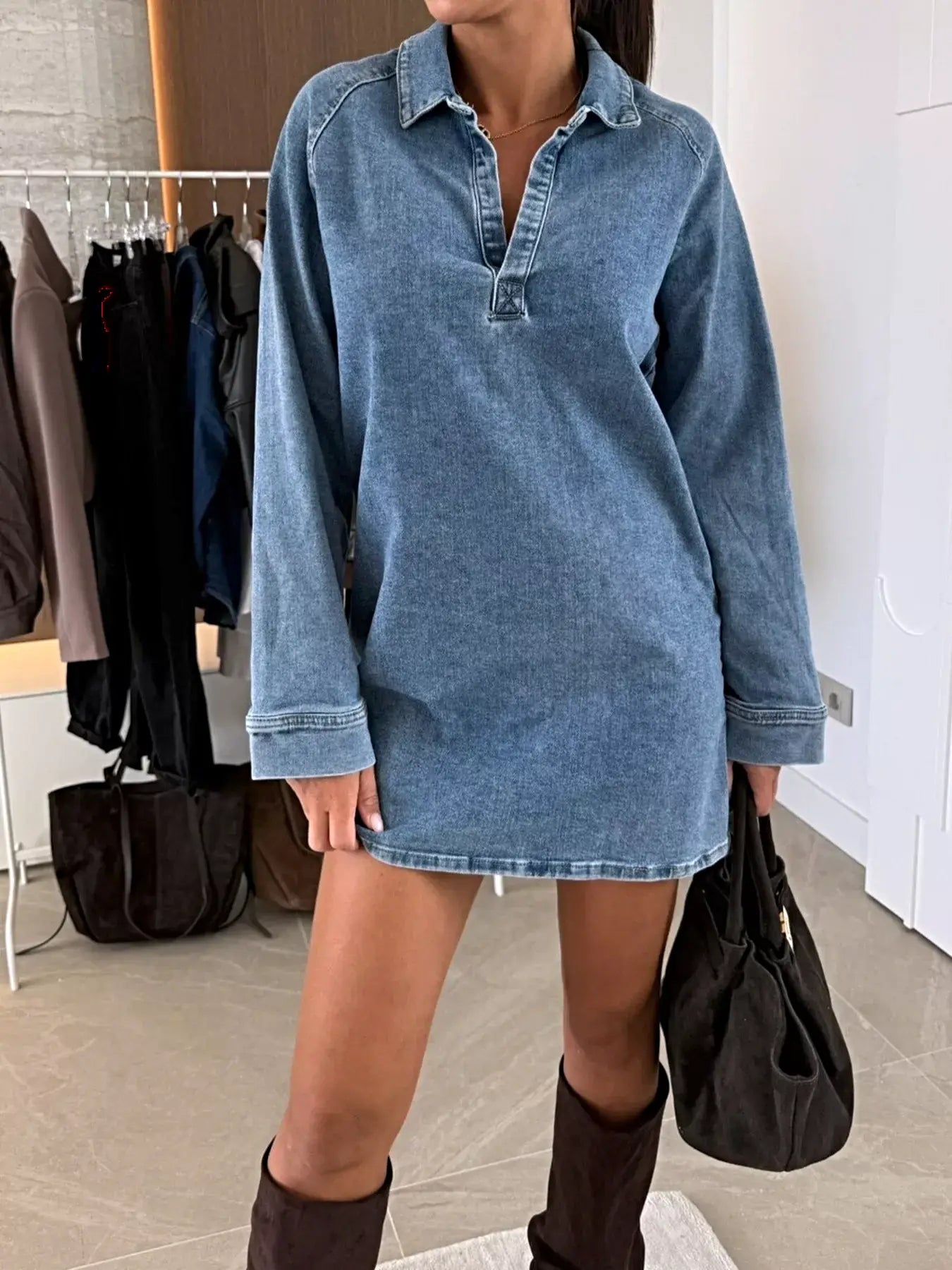 Collared Neck Long Sleeve Denim Dress -
