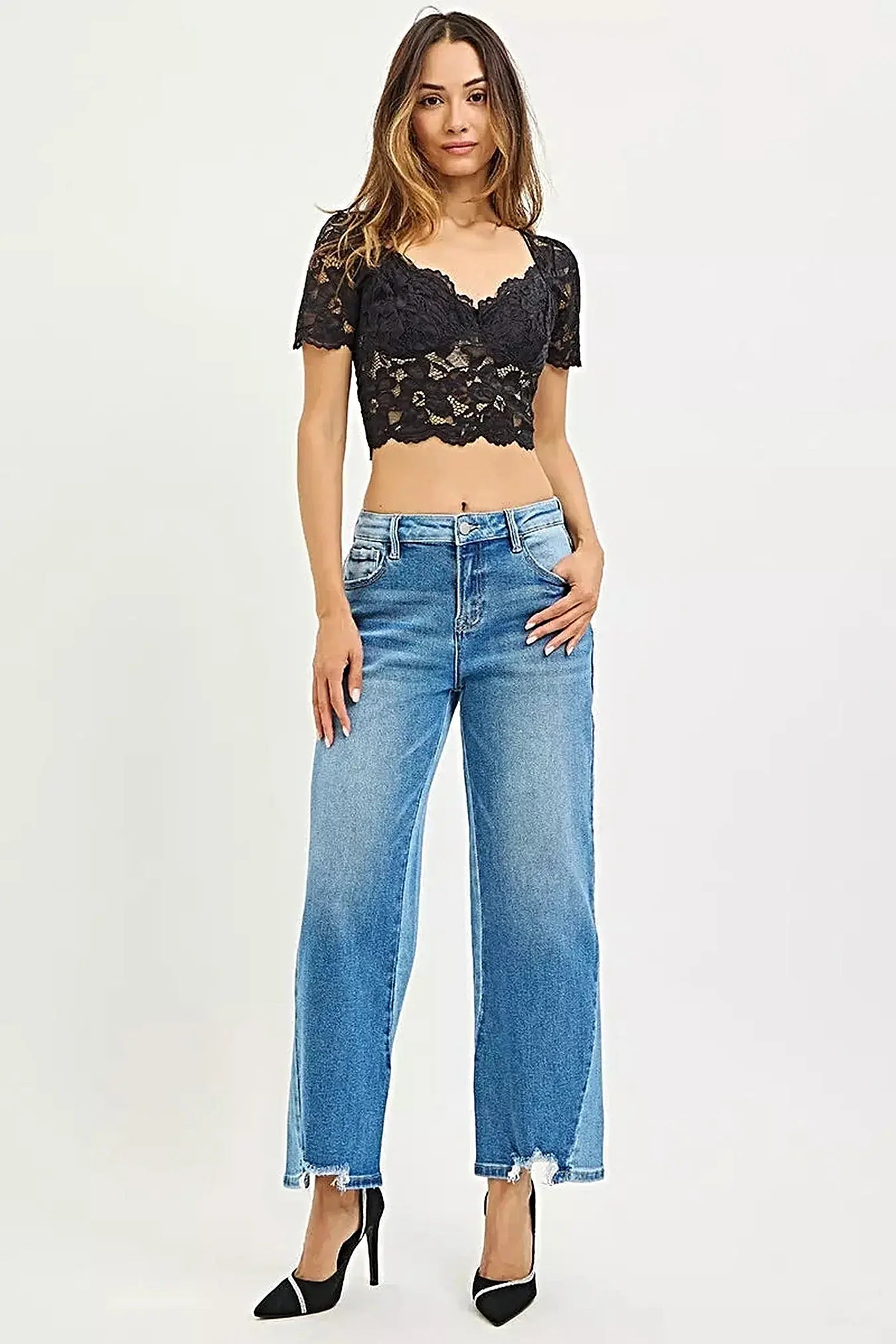 RISEN Full Size Slouchy Cropped Barrel Jeans with Contrast Wash Plus Size -