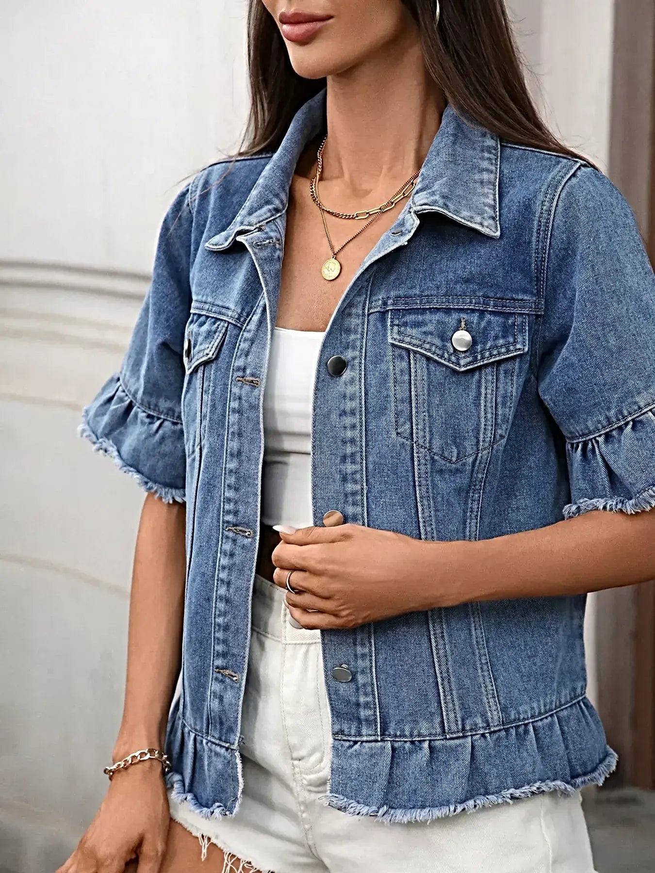 Chic Raw Hem Button Up Denim Jacket with Ruffled Details - Trendy Fashion for Every Occasion -