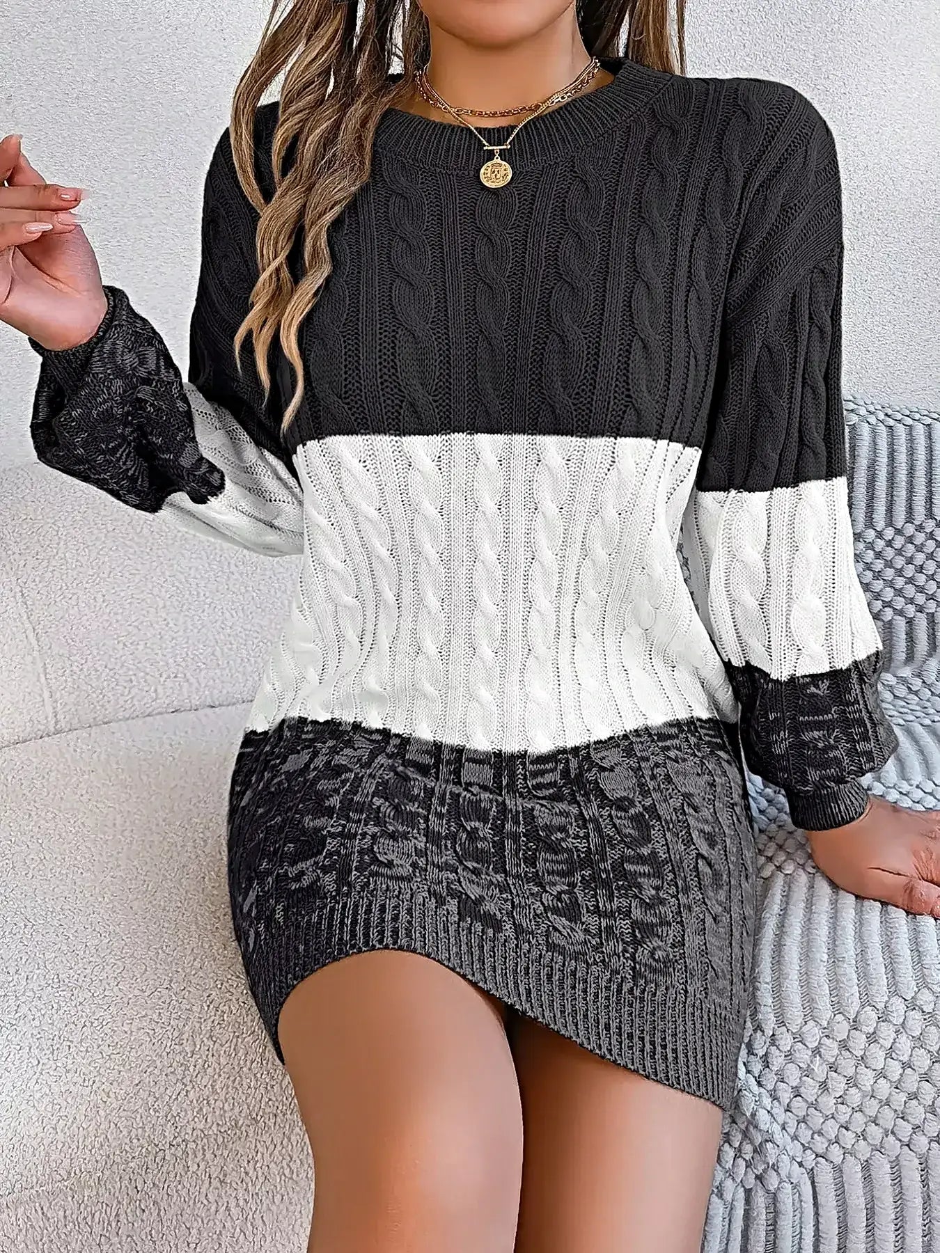 Color Block Cable Knit Sweater Dress with Textured Pattern -