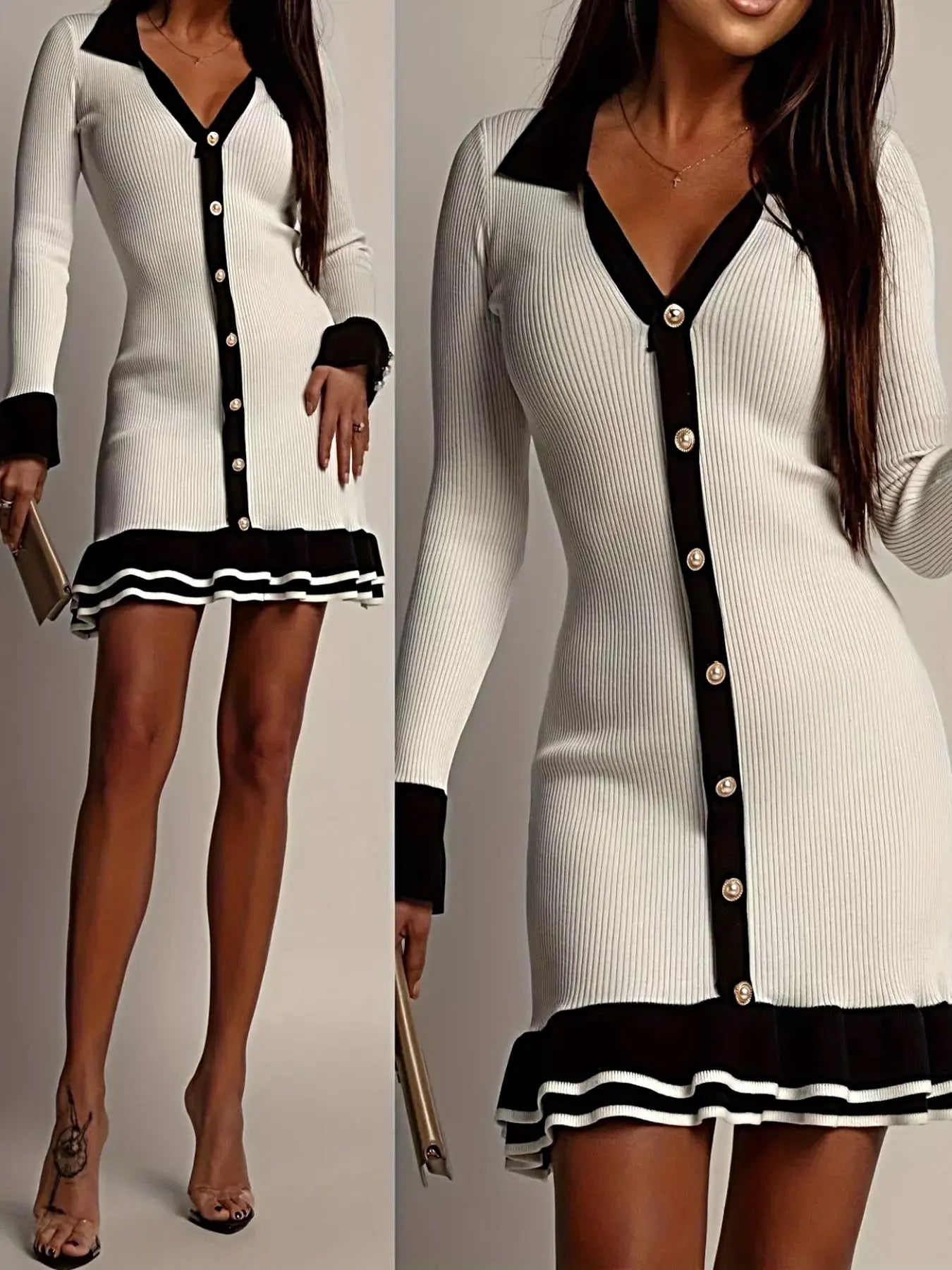 Ribbed Knit Contrast Trim Sweater Dress -