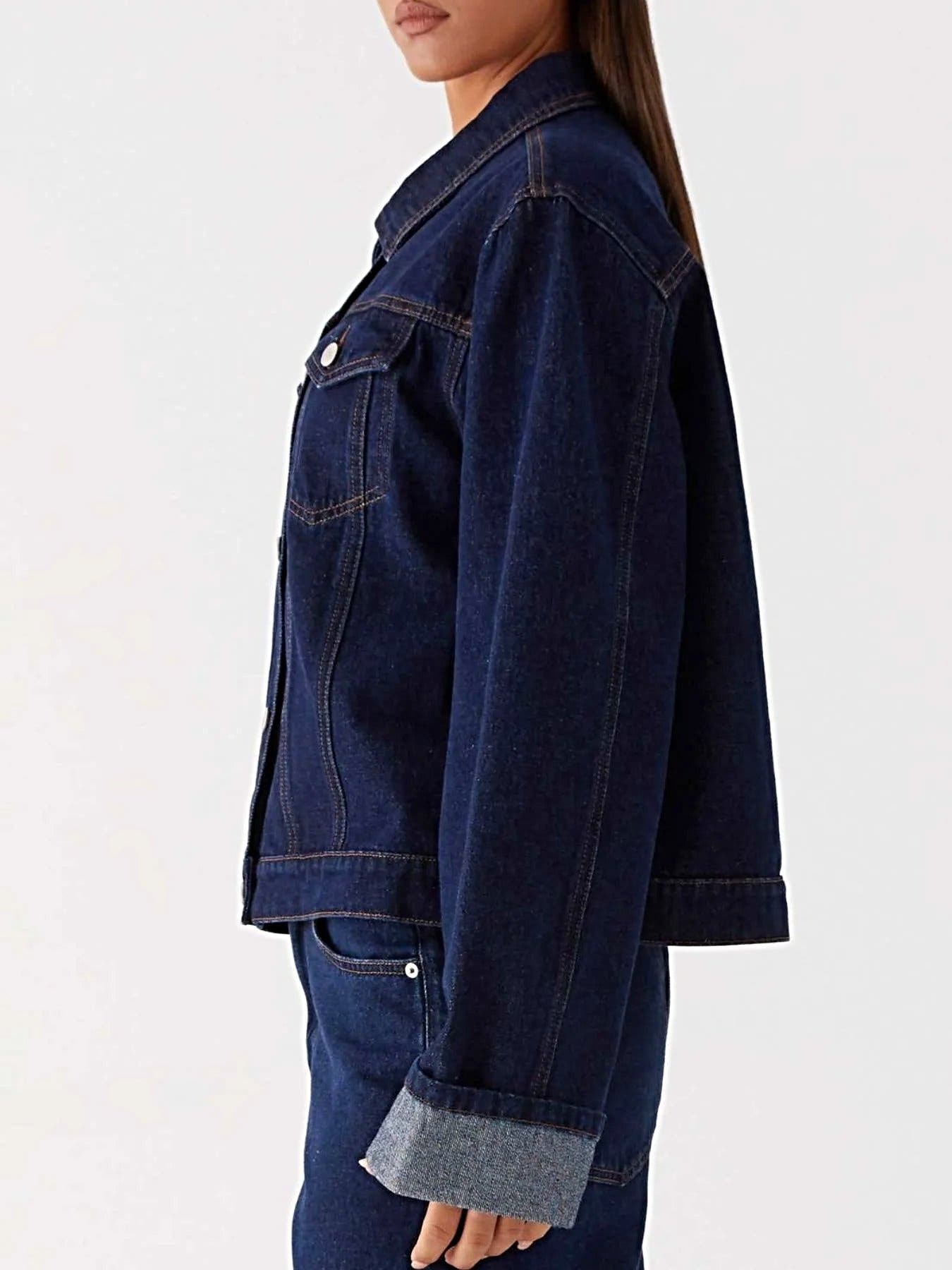 Button Down Cropped Oversized Denim Jacket -
