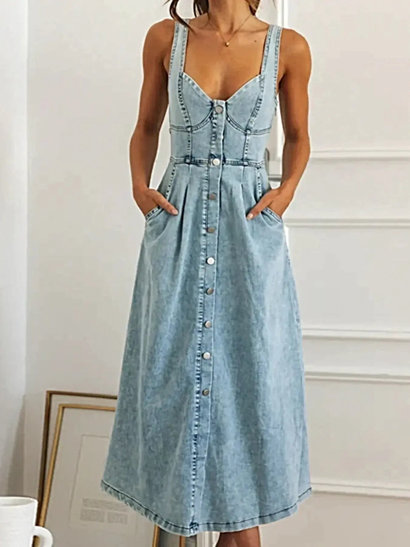 Sweetheart Neck Button-Front Midi Denim Dress -
