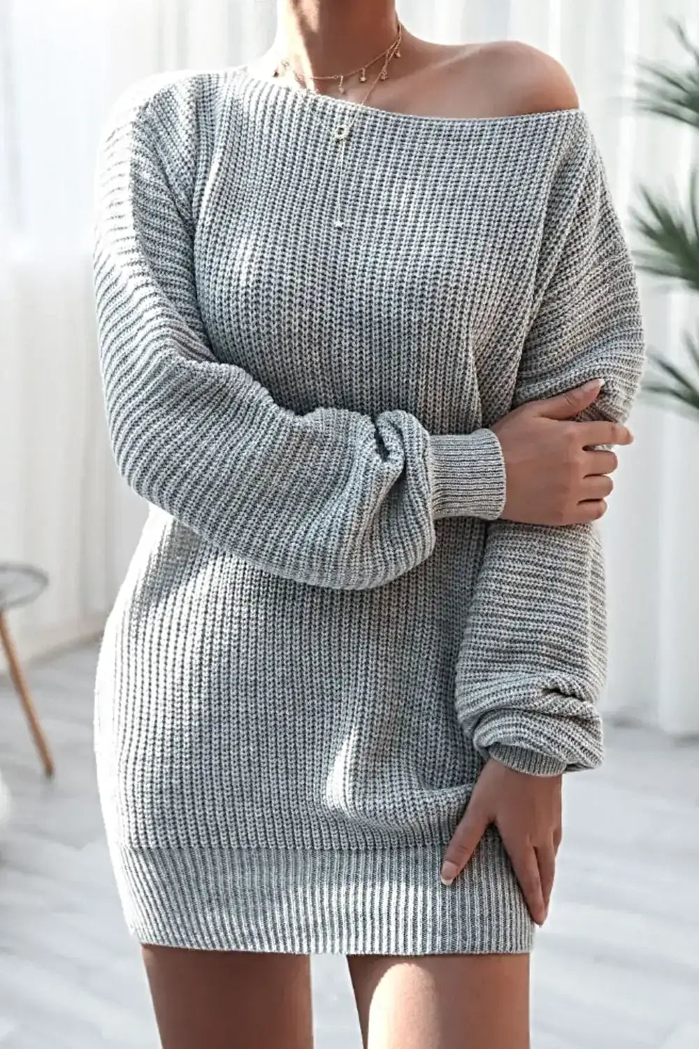 Boat Neck Long Sleeve Mini Sweater Dress -