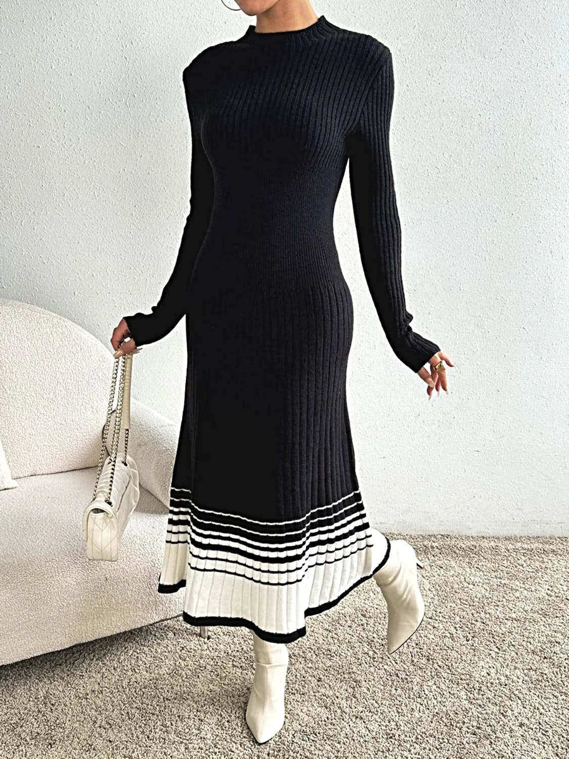 Contrast Mock Neck Long Sleeve Sweater Dress -