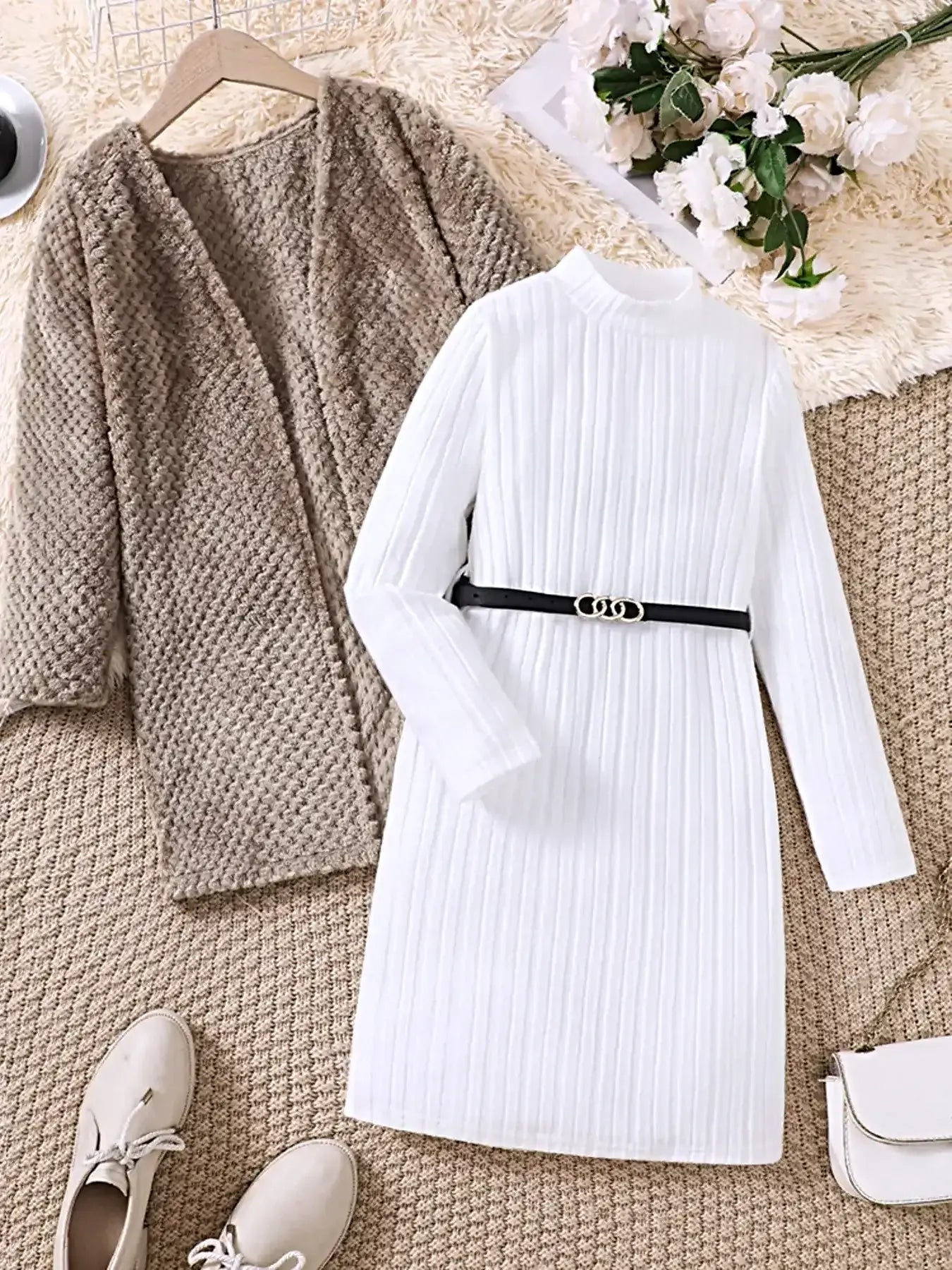 Children's Textured Sweater Dress and Open Front Cardigan Set -