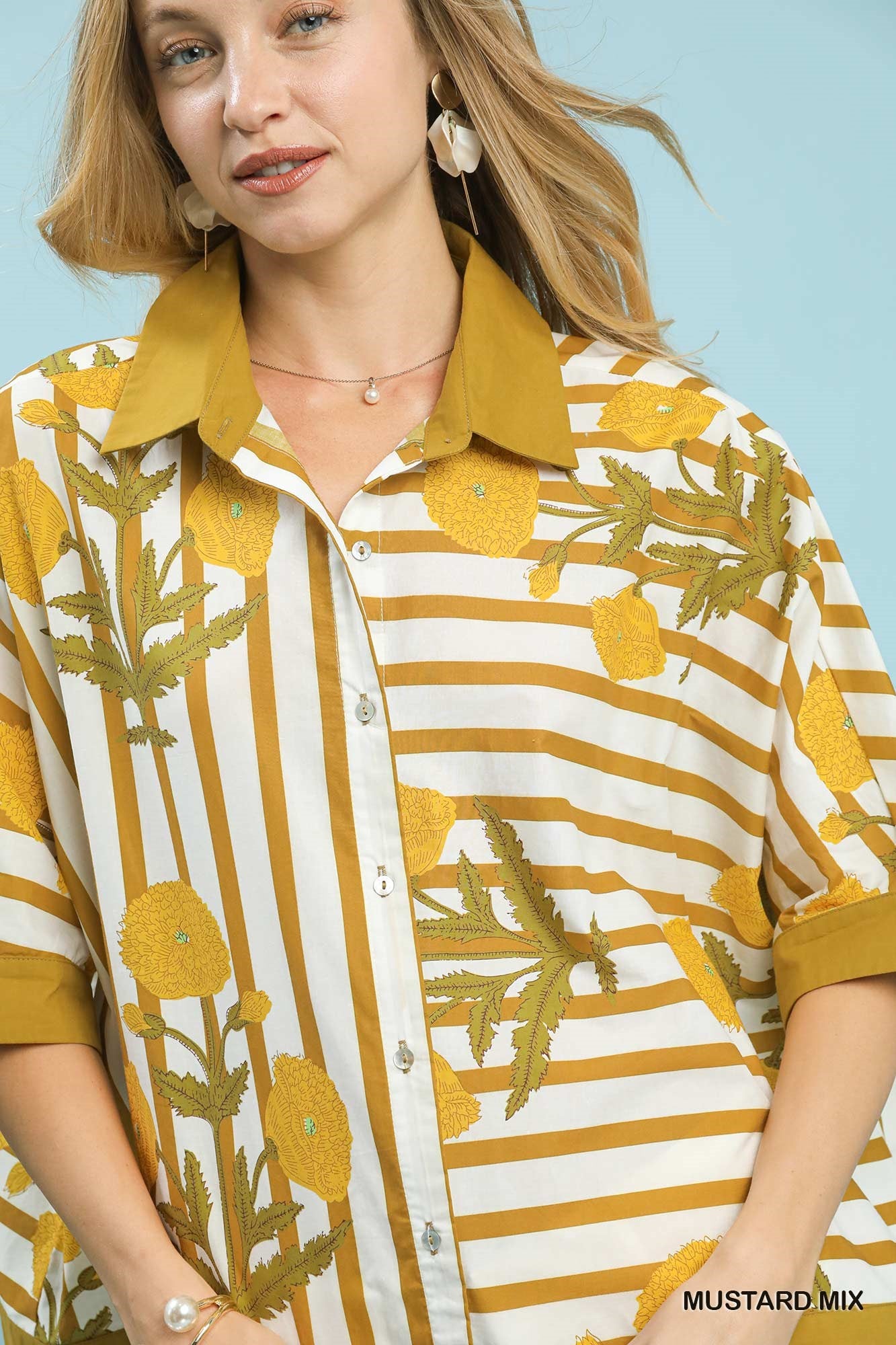 Umgee Mix Floral Stripe Button Down Top -