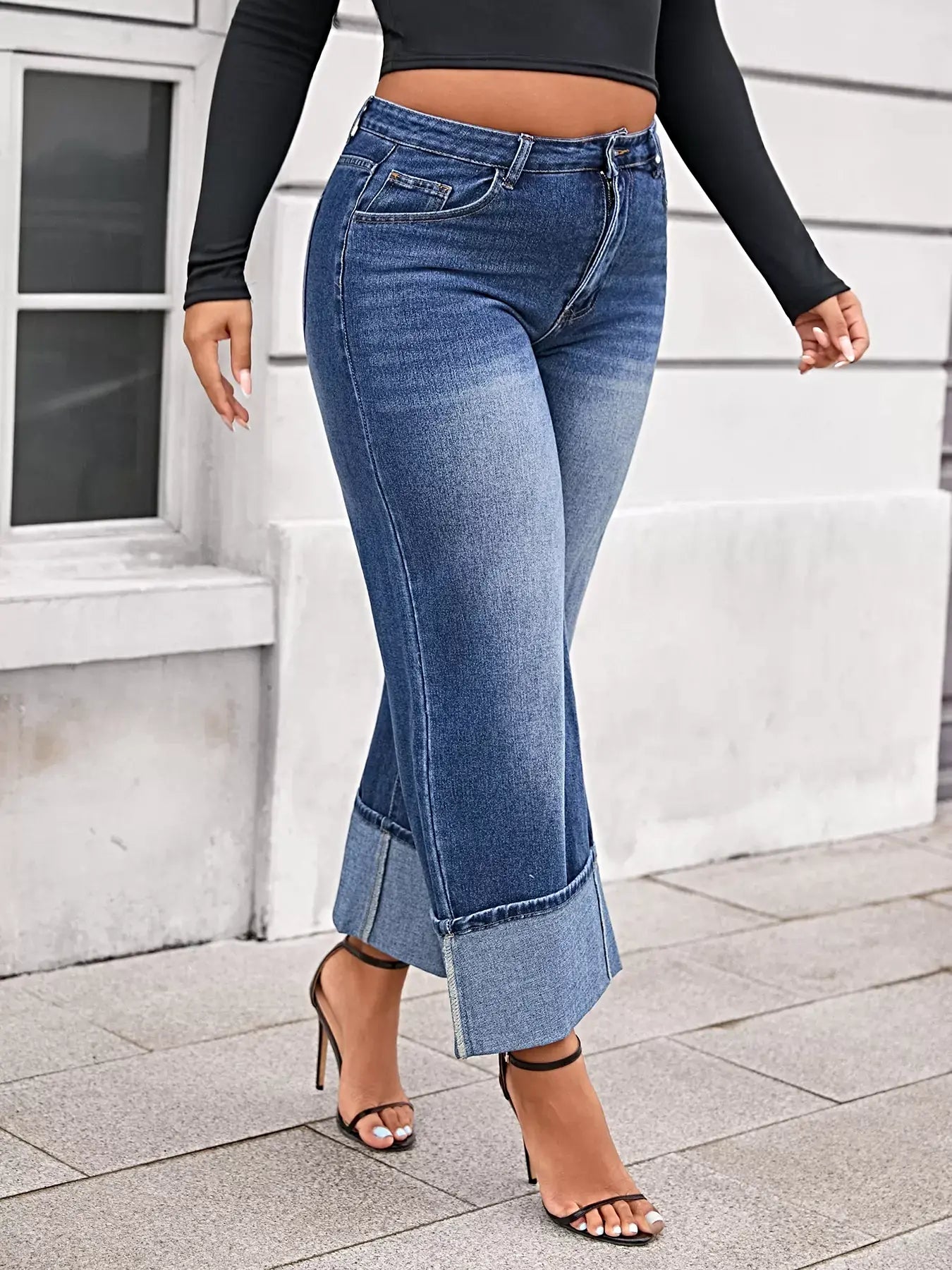 Plus Size High Waist Cuffed Wide Leg Jeans -