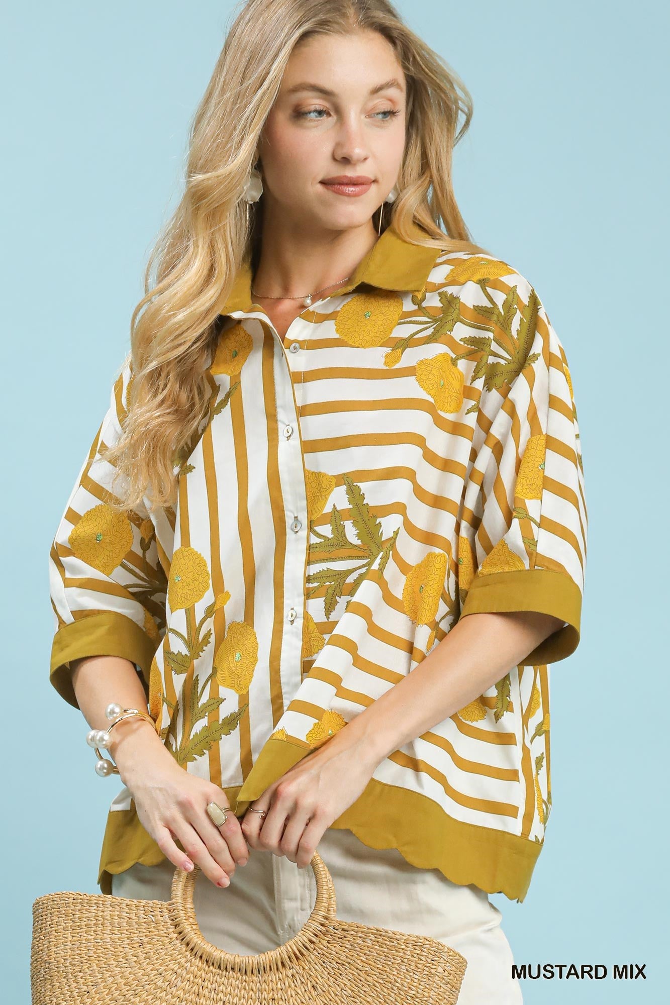Umgee Mix Floral Stripe Button Down Top -