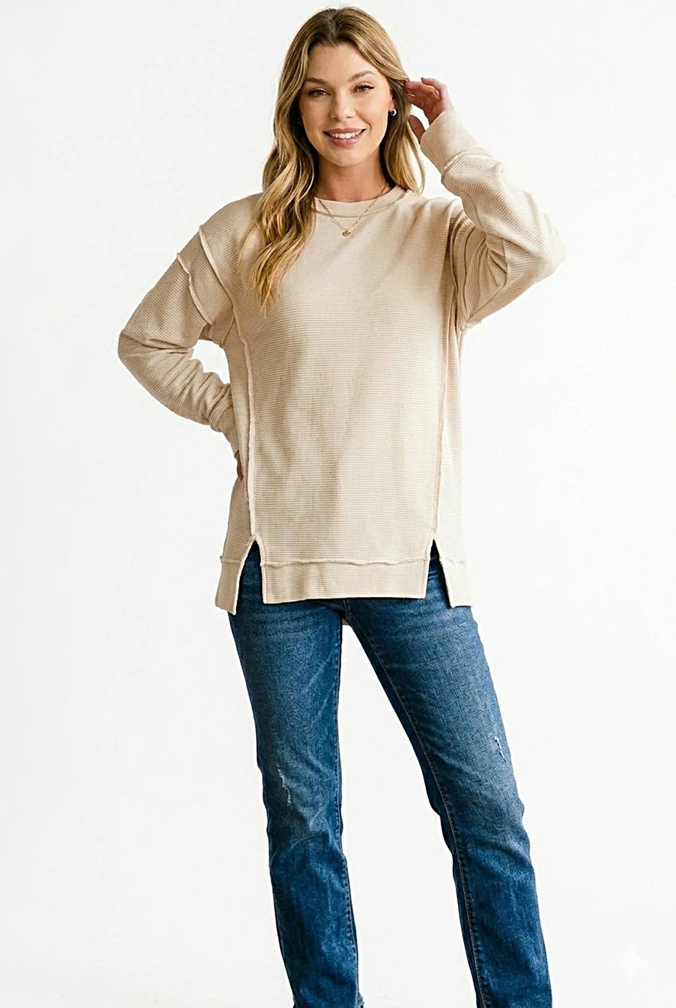 Zenana Acid Washed Double Ribbed Exposed-Seam Sweatshirt -