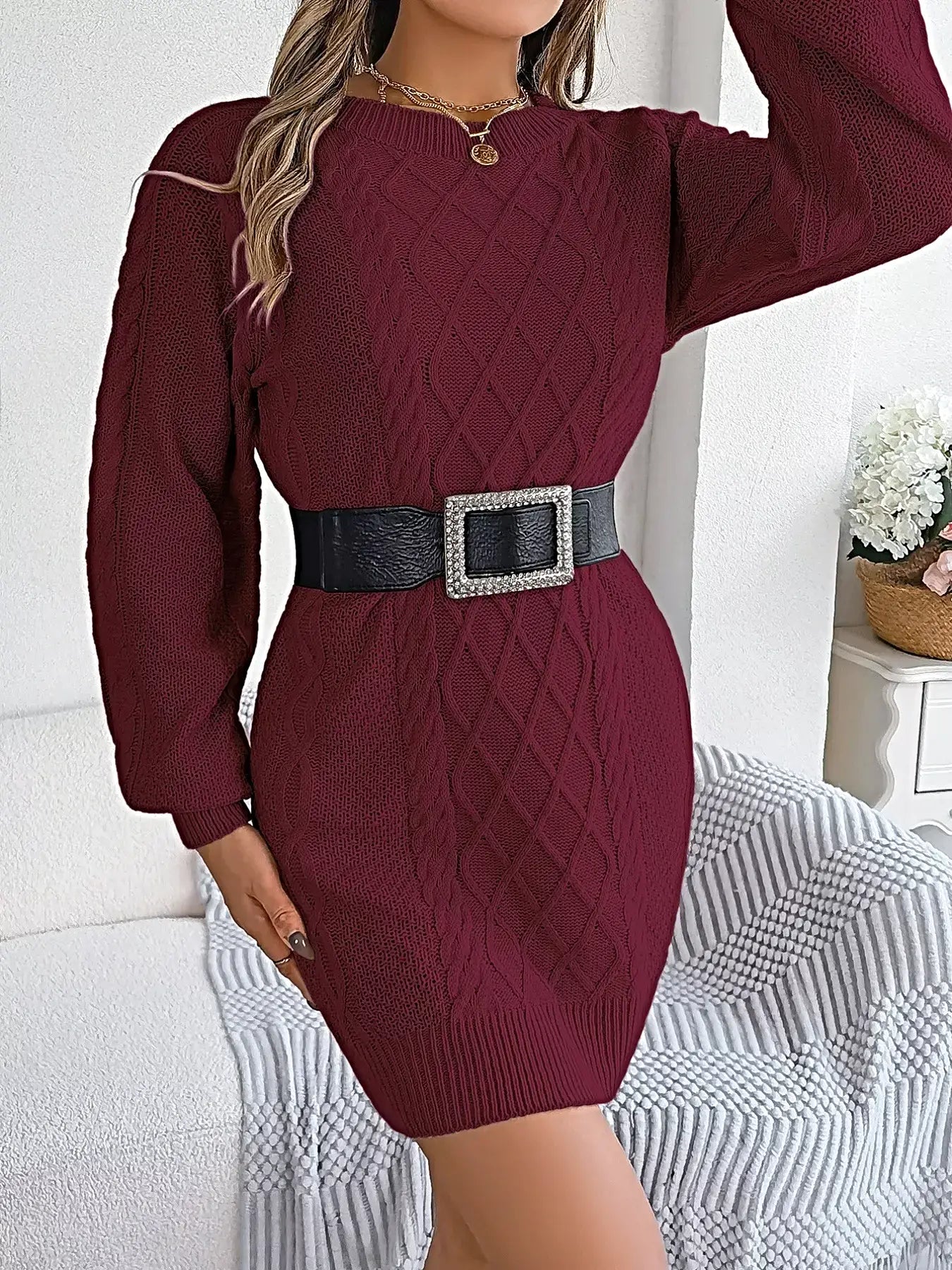Diamond Cable Knit Sweater Dress with Long Sleeves -