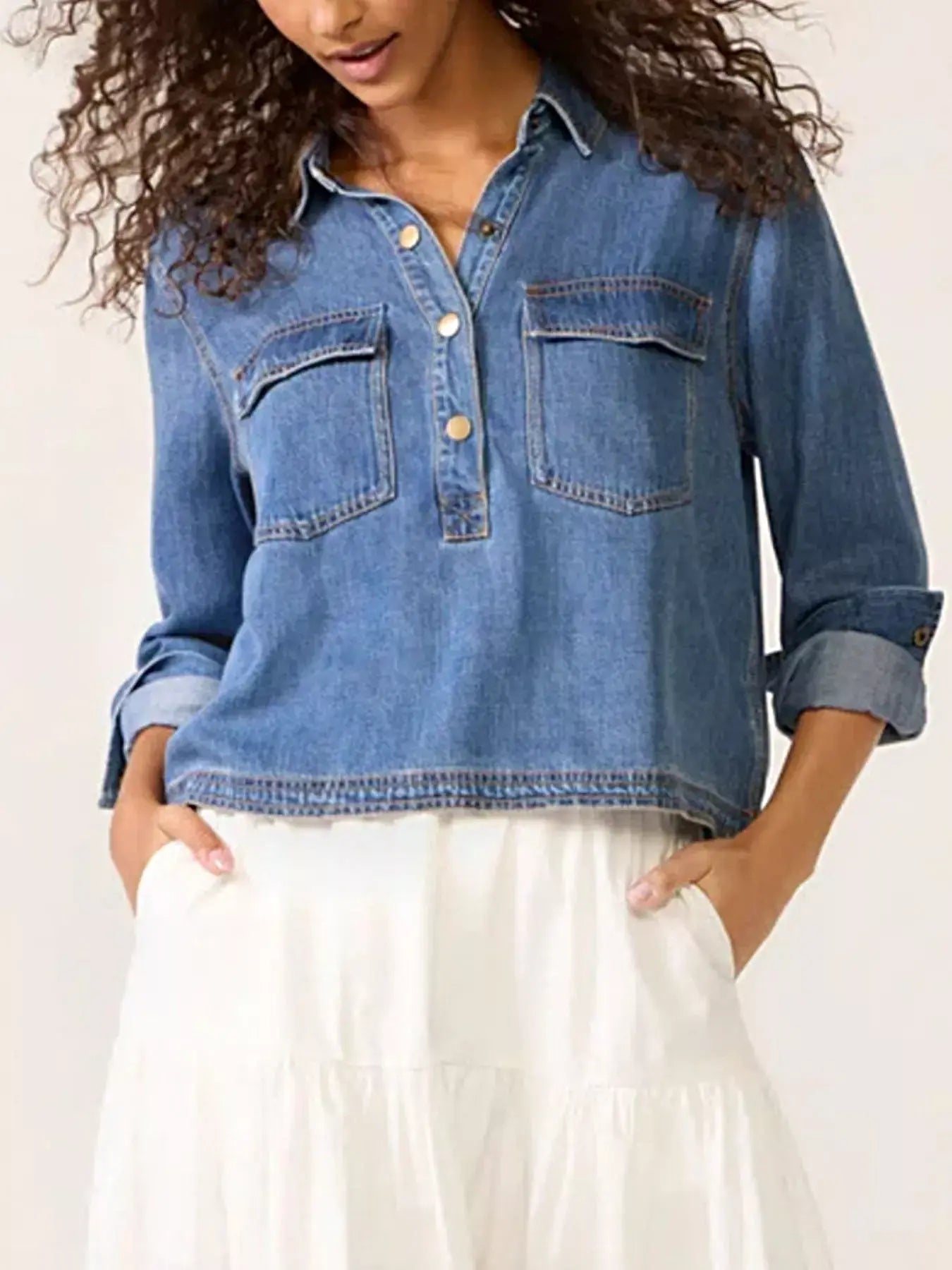 Half Snap Cropped Denim Top -