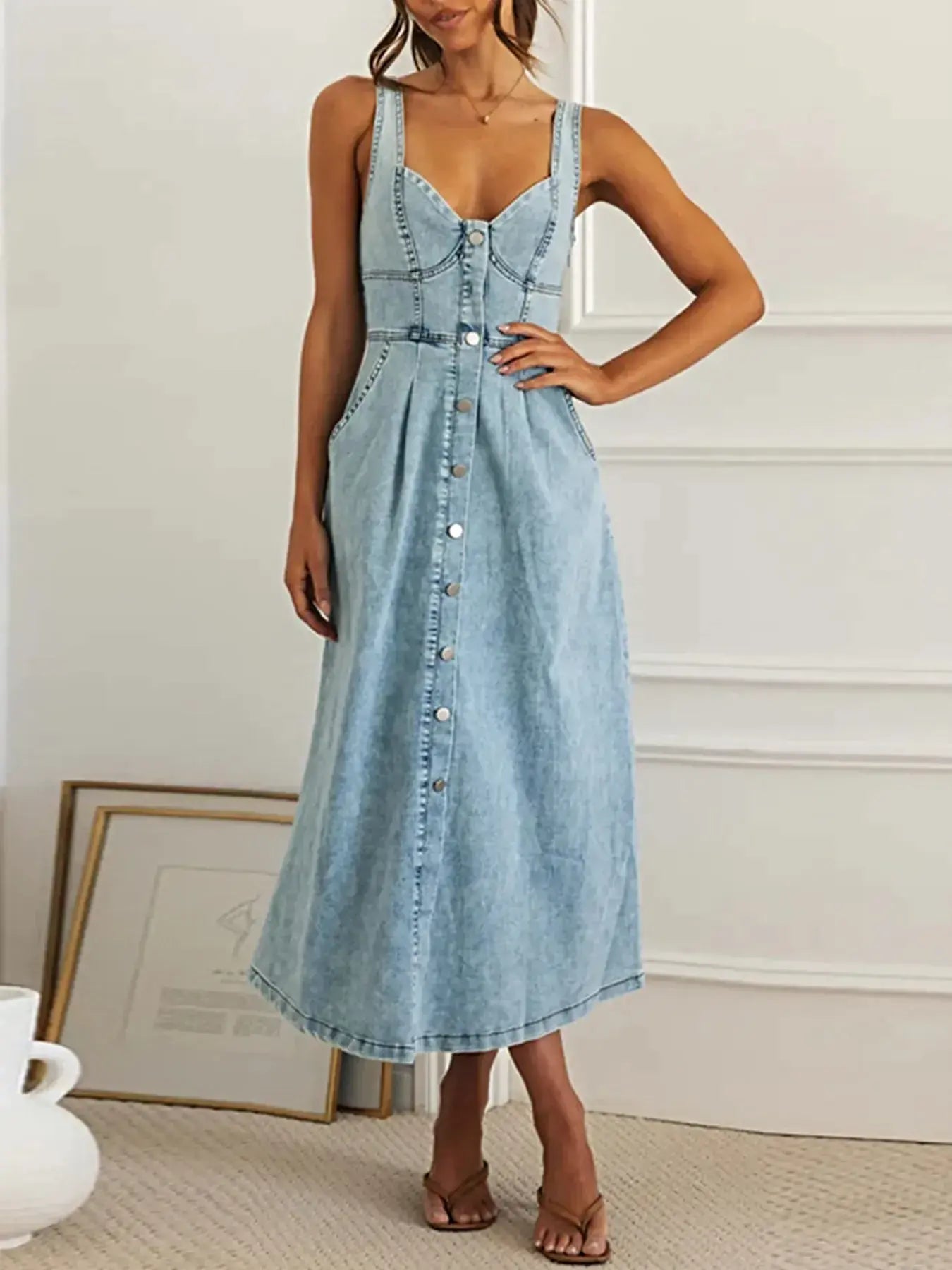 Sweetheart Neck Button-Front Midi Denim Dress -
