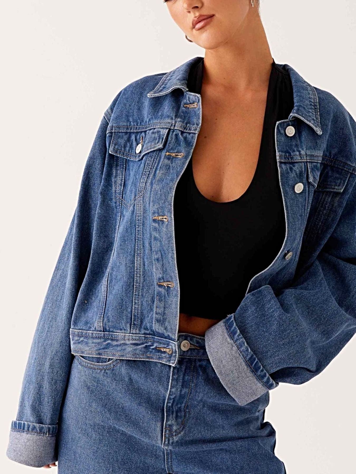 Button Down Cropped Oversized Denim Jacket -