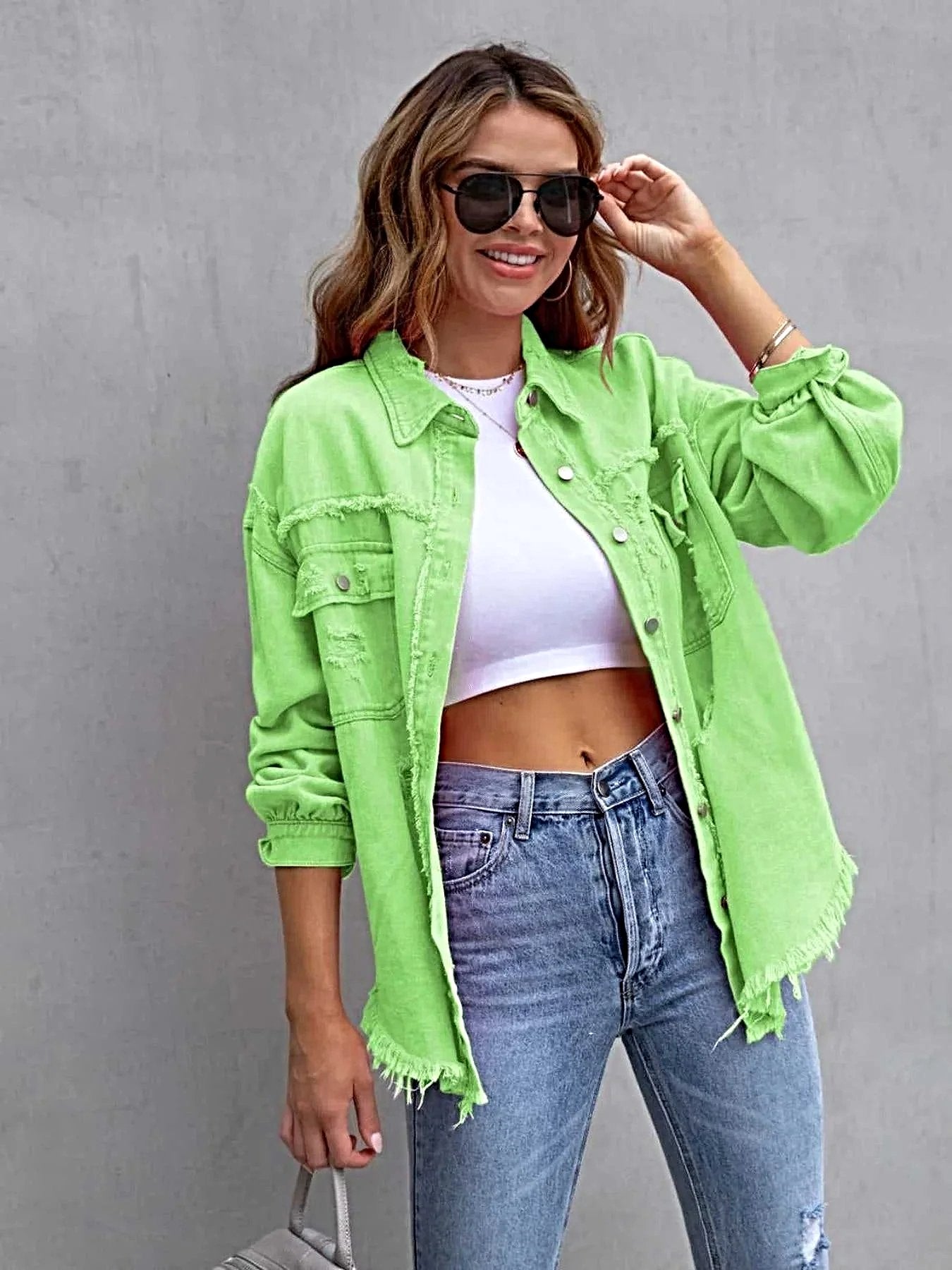 Distressed Drop Shoulder Denim Jacket -