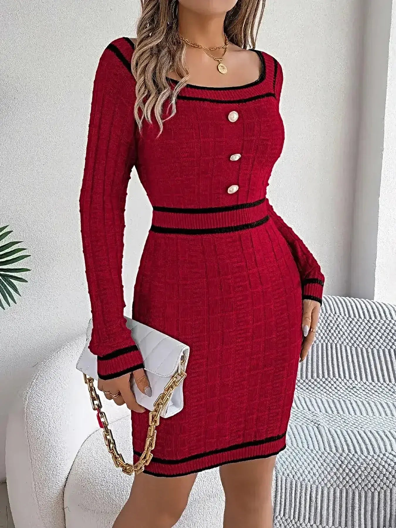 Contrast Trim Long Sleeve Sweater Dress -