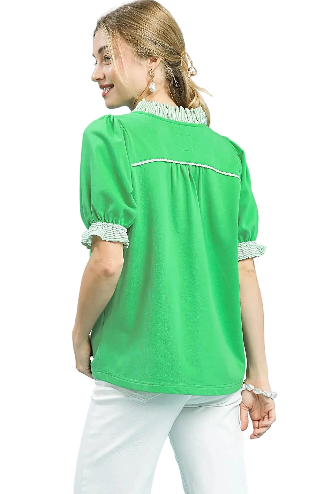 Umgee French Terry Ruffle Trim Puff Sleeve Top -