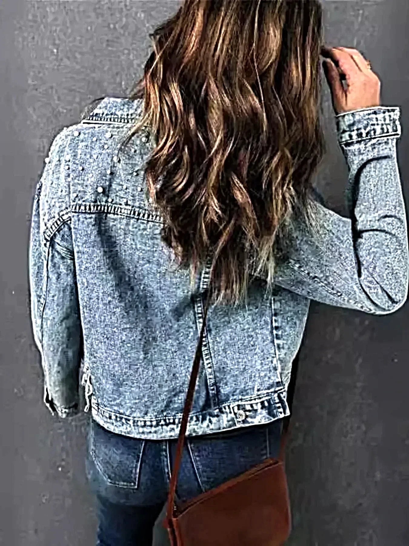 Full Size Pearl Detail Button Up Long Sleeve Denim Jacket Plus Size -