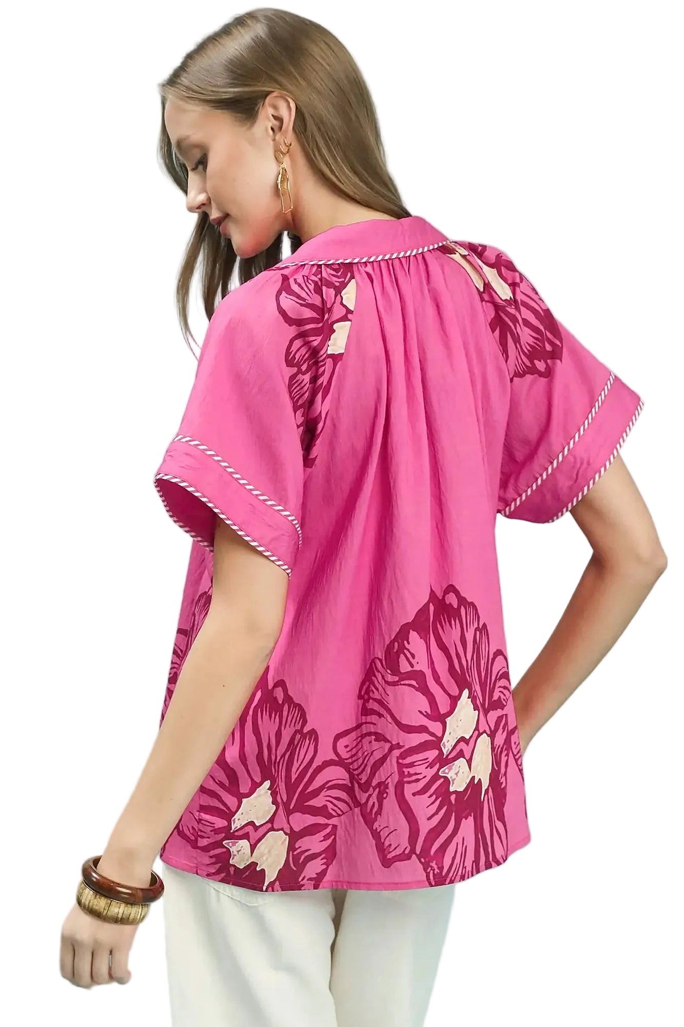 Umgee Floral Split-Neck Short Sleeve Top -