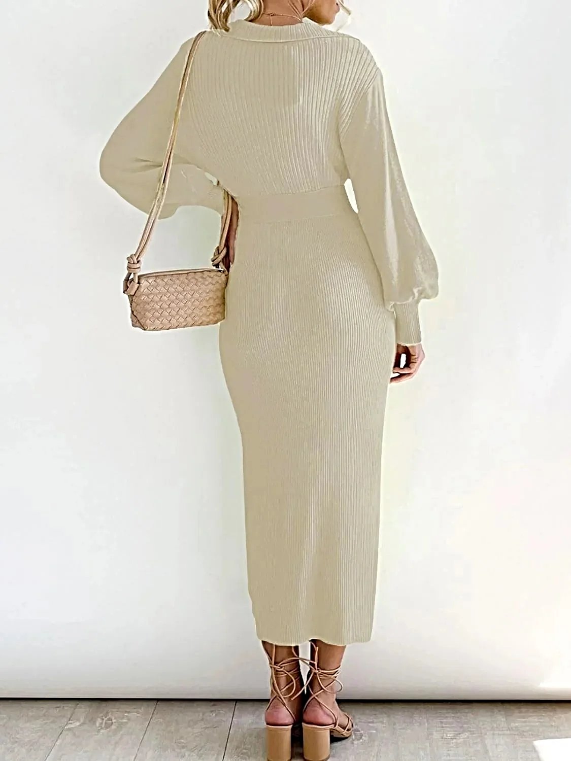 Perfee Tied Long Sleeve Wrap Sweater Dress -