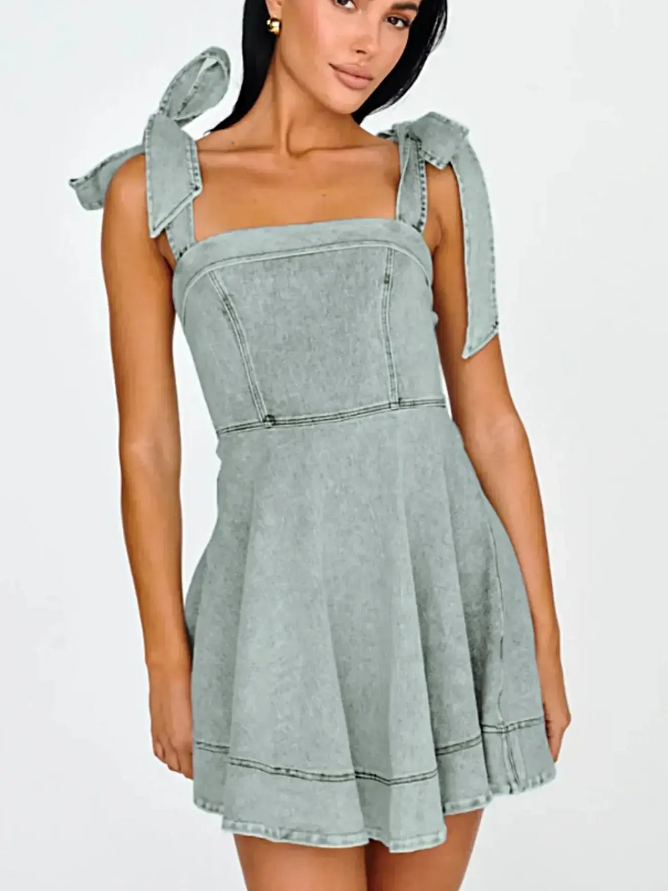 Bow-Shoulder Square Neck Denim Mini Dress -