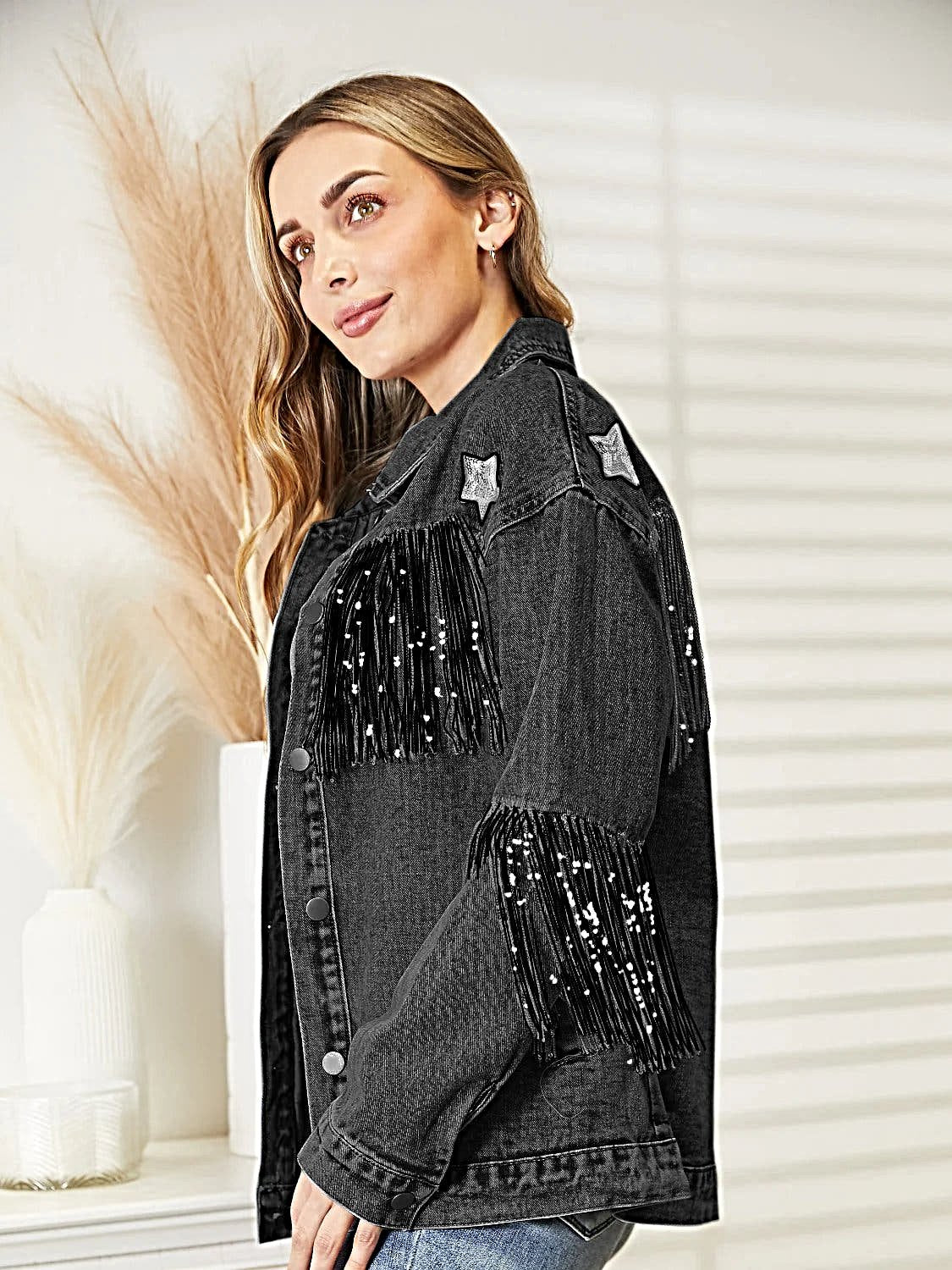 Fringe Detail Long Sleeve Denim Jacket -