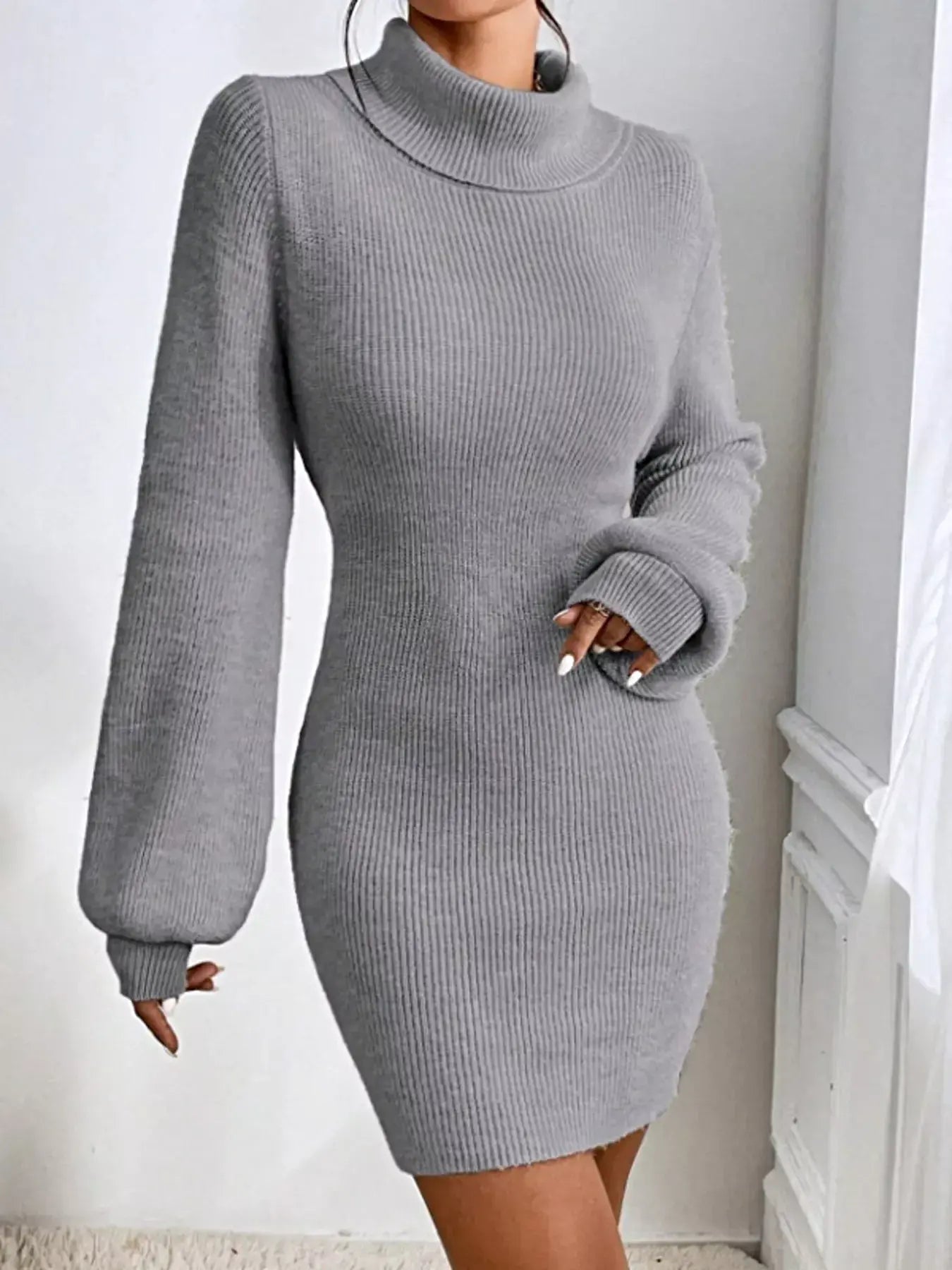 Women's Ribbed Turtleneck Sweater Dress - Stretch Knit For Elegant Cold-Weather Style -