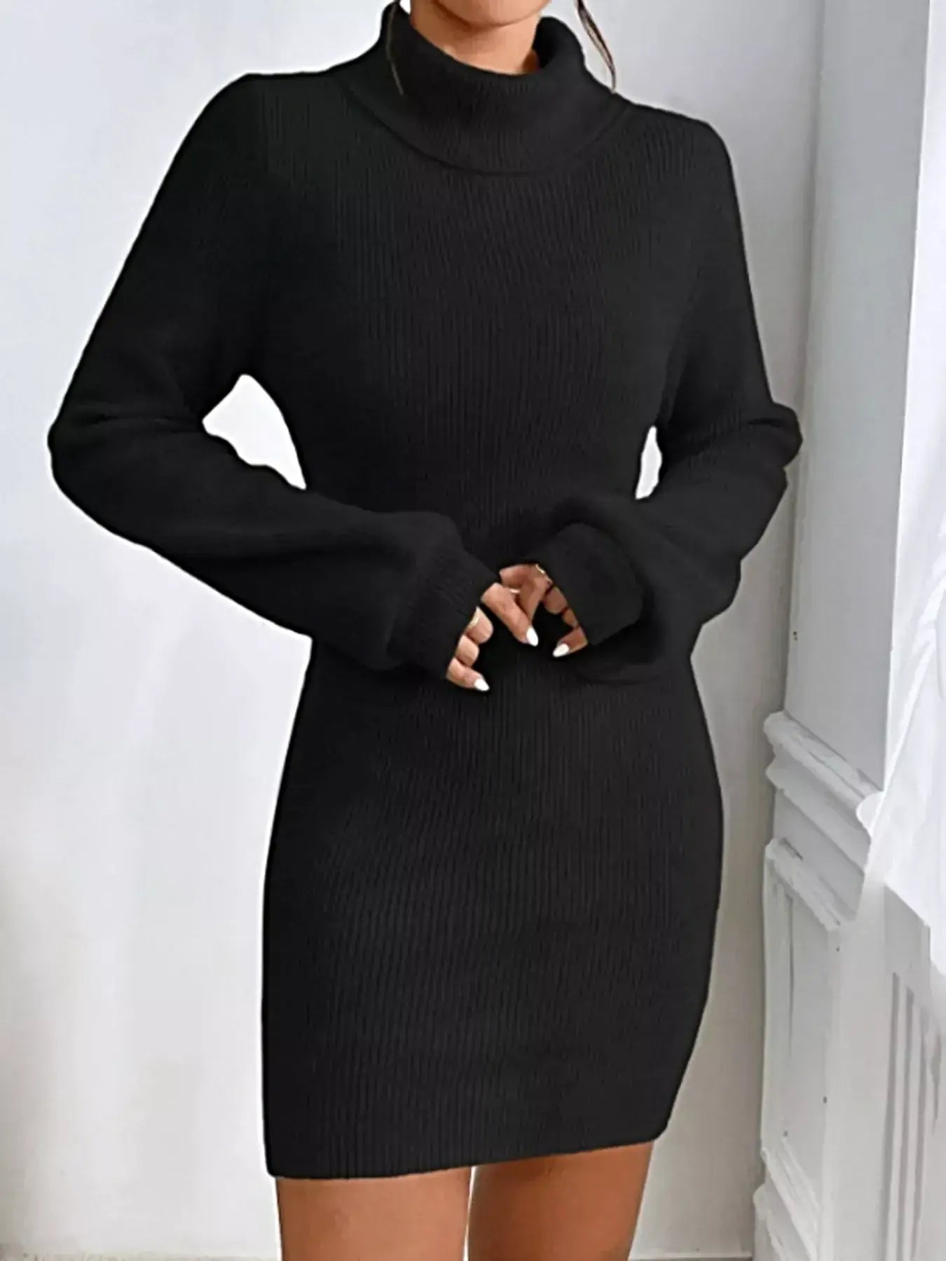 Women's Ribbed Turtleneck Sweater Dress - Stretch Knit For Elegant Cold-Weather Style -