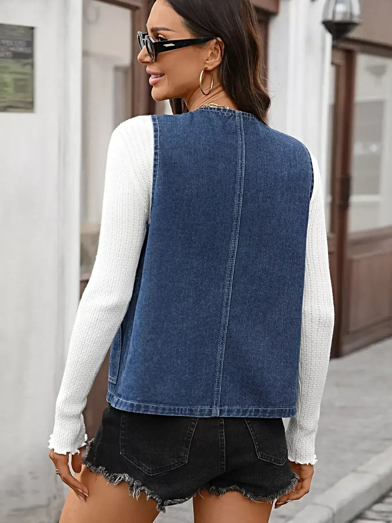Chic Denim Button Vest with Pockets - Slightly Stretchy, Premium Rayon Blend