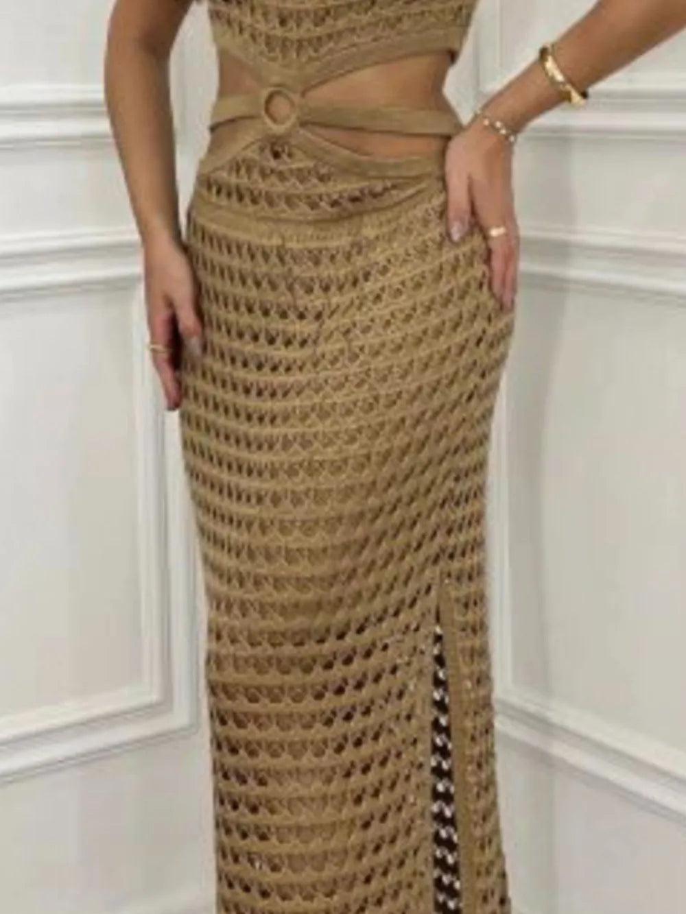 Cutout Slit Round Neck Sweater Dress -
