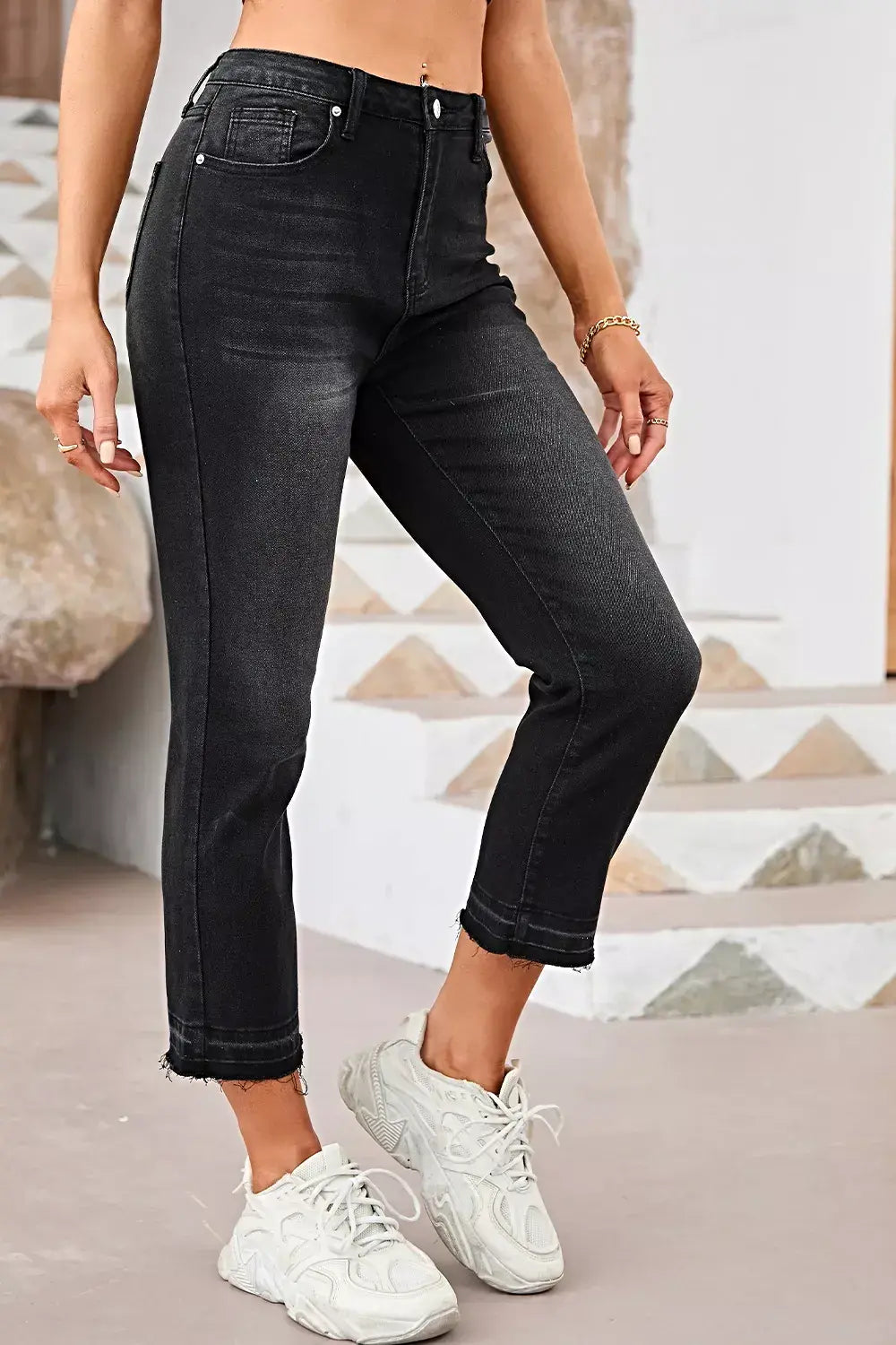 High-Waisted Distressed Hem Straight Leg Jeans -