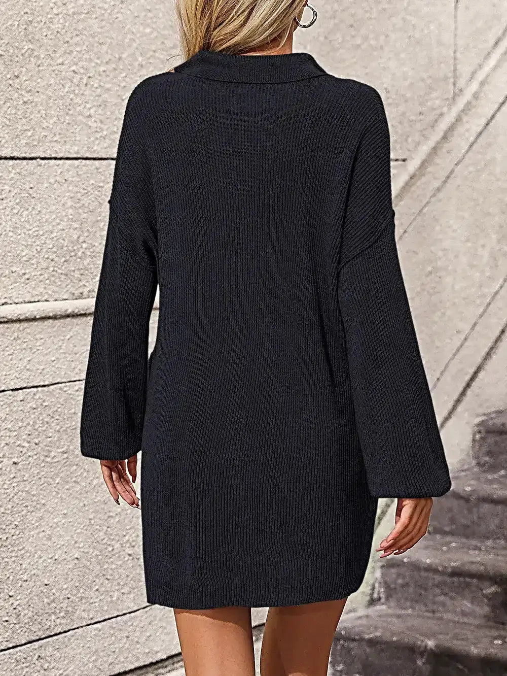 Collared Neck Long Sleeve Sweater Dress with Pockets -