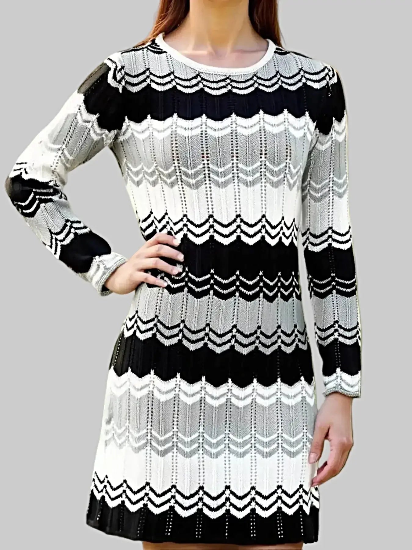 Openwork Wave Pattern Long Sleeve Sweater Dress -