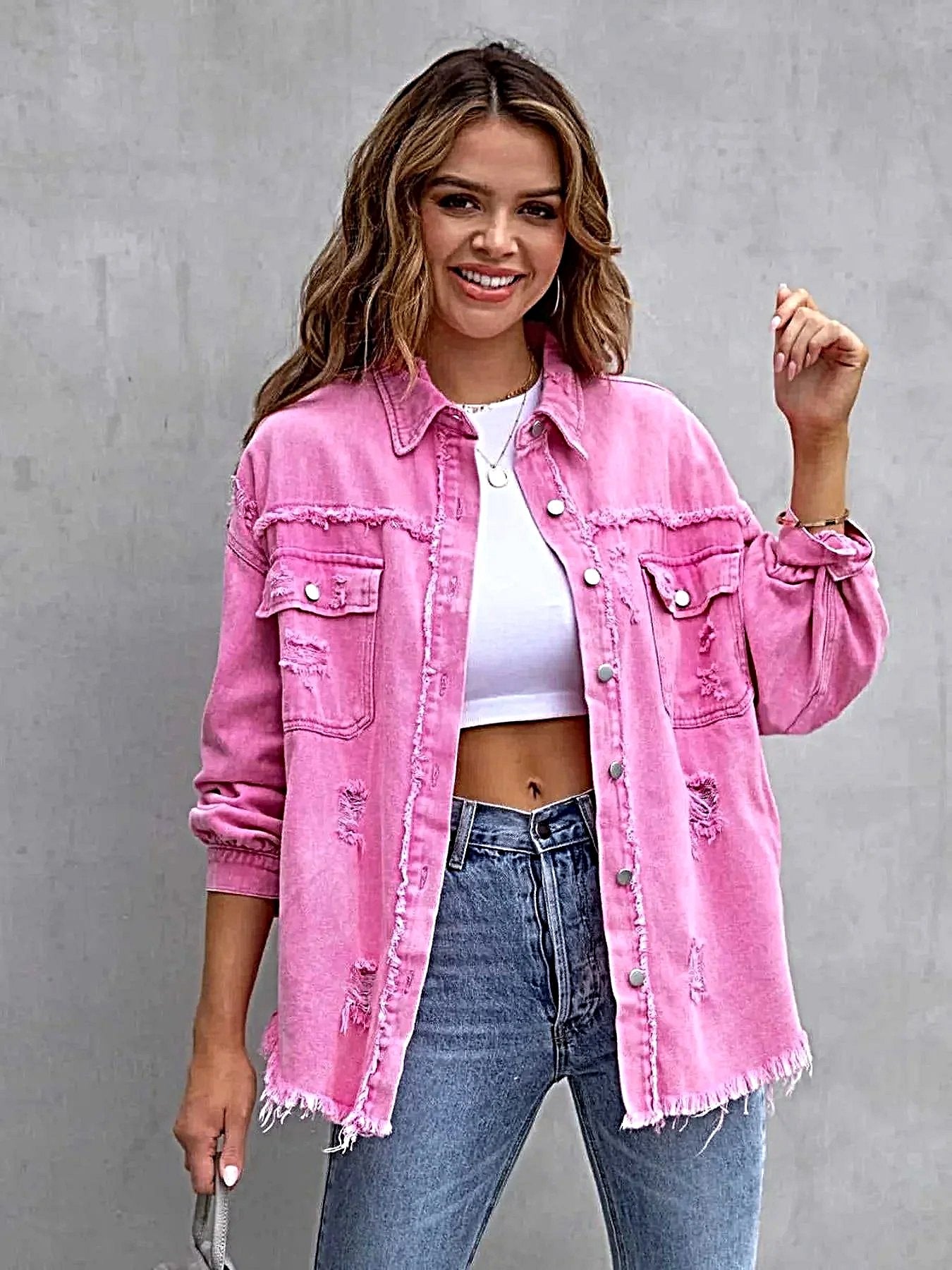 Distressed Drop Shoulder Denim Jacket -