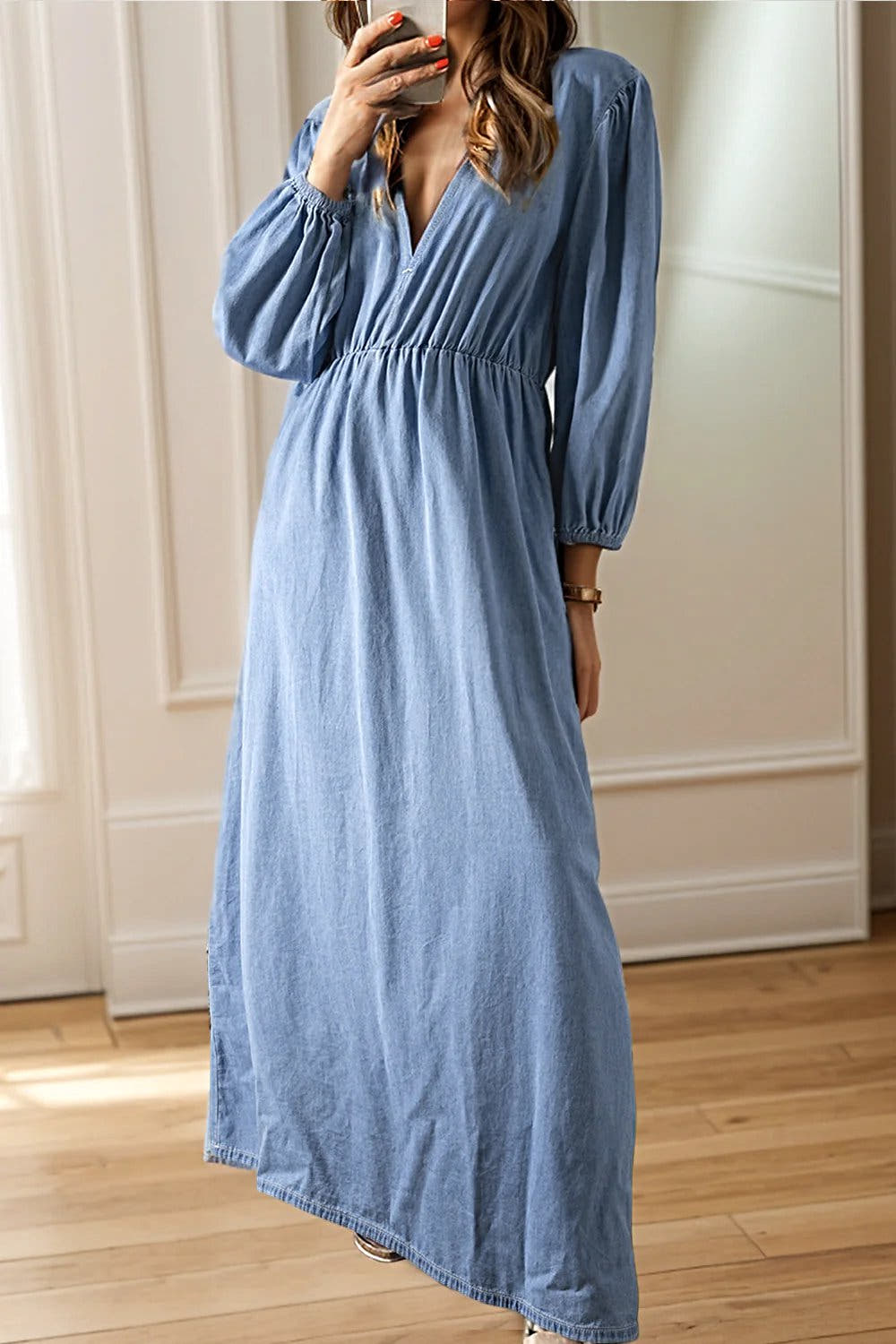 Plunge Denim Dress With Tied Design And Three-Quarter Sleeves - 100% Cotton Classic Elegance Trendsi