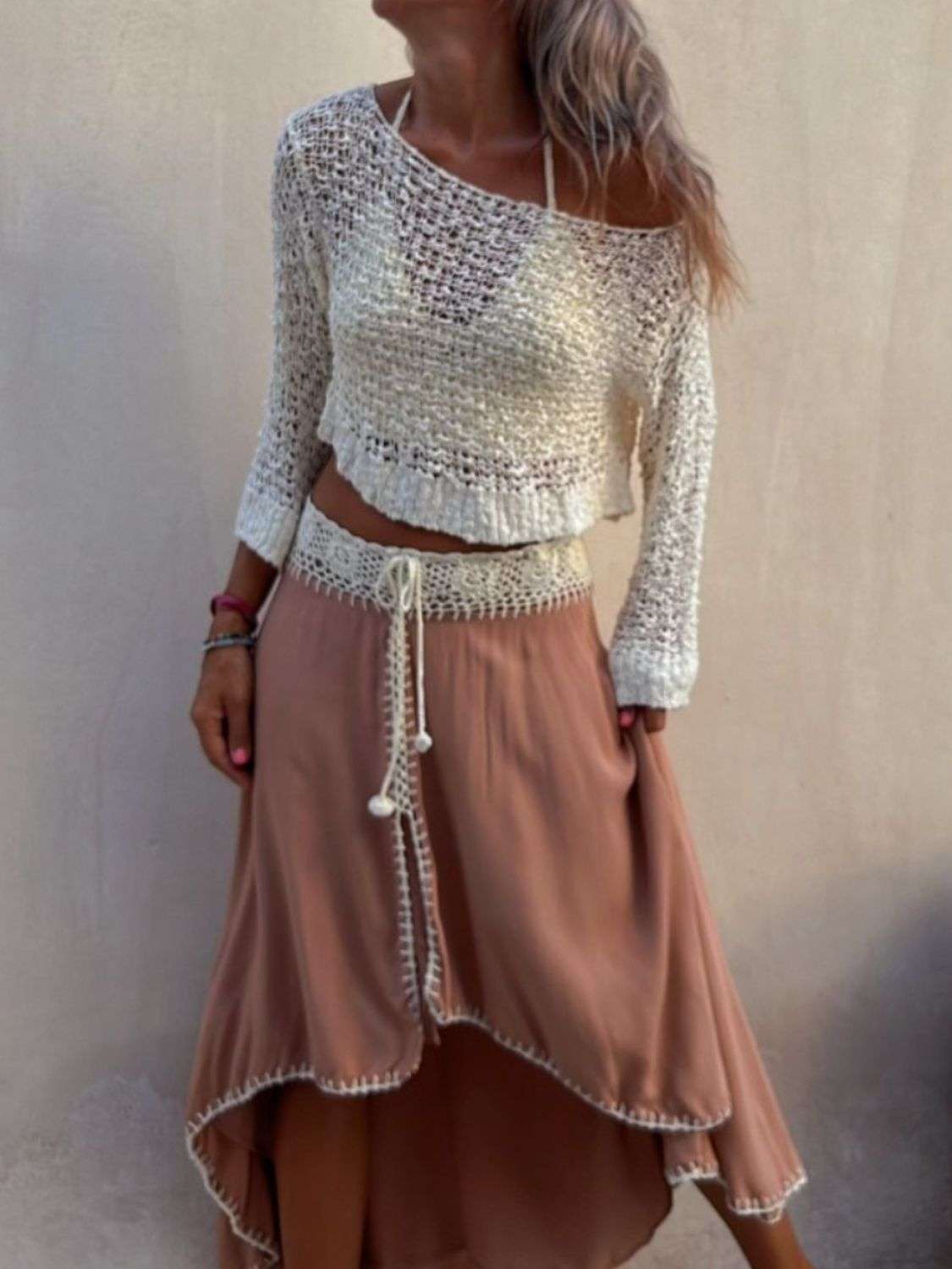 Round Neck Long Sleeve Knit Cover Up Trendsi