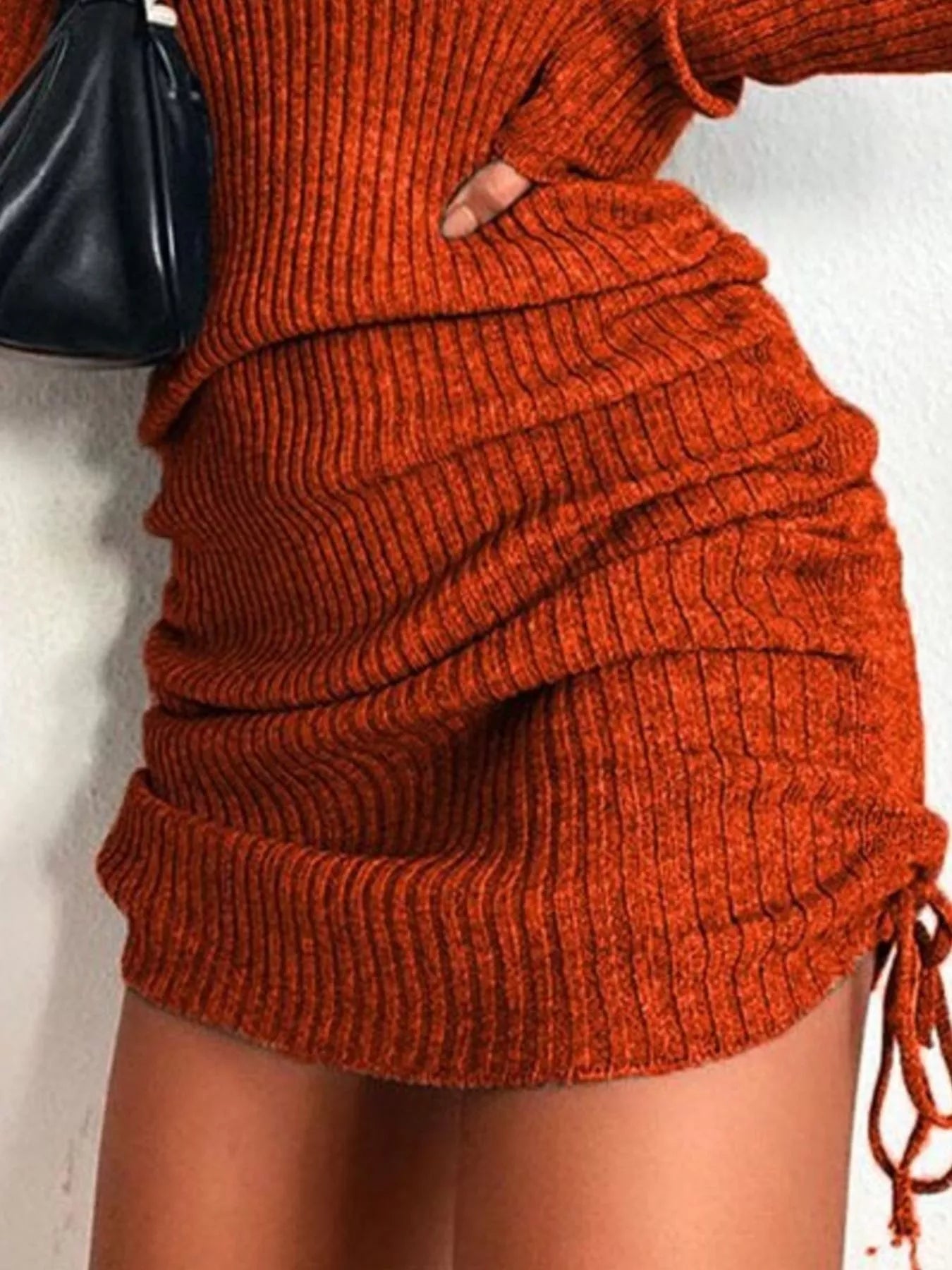 Full Size Ribbed Knit Drawstring Bodycon Sweater Dress Plus Size -
