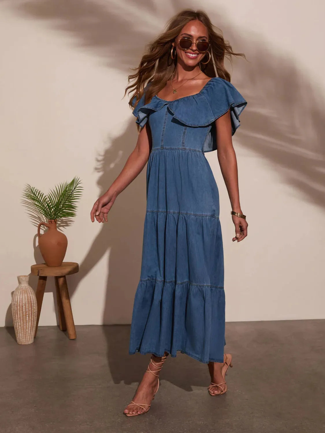 Off Shoulder Ruffle Tiered Denim Dress -