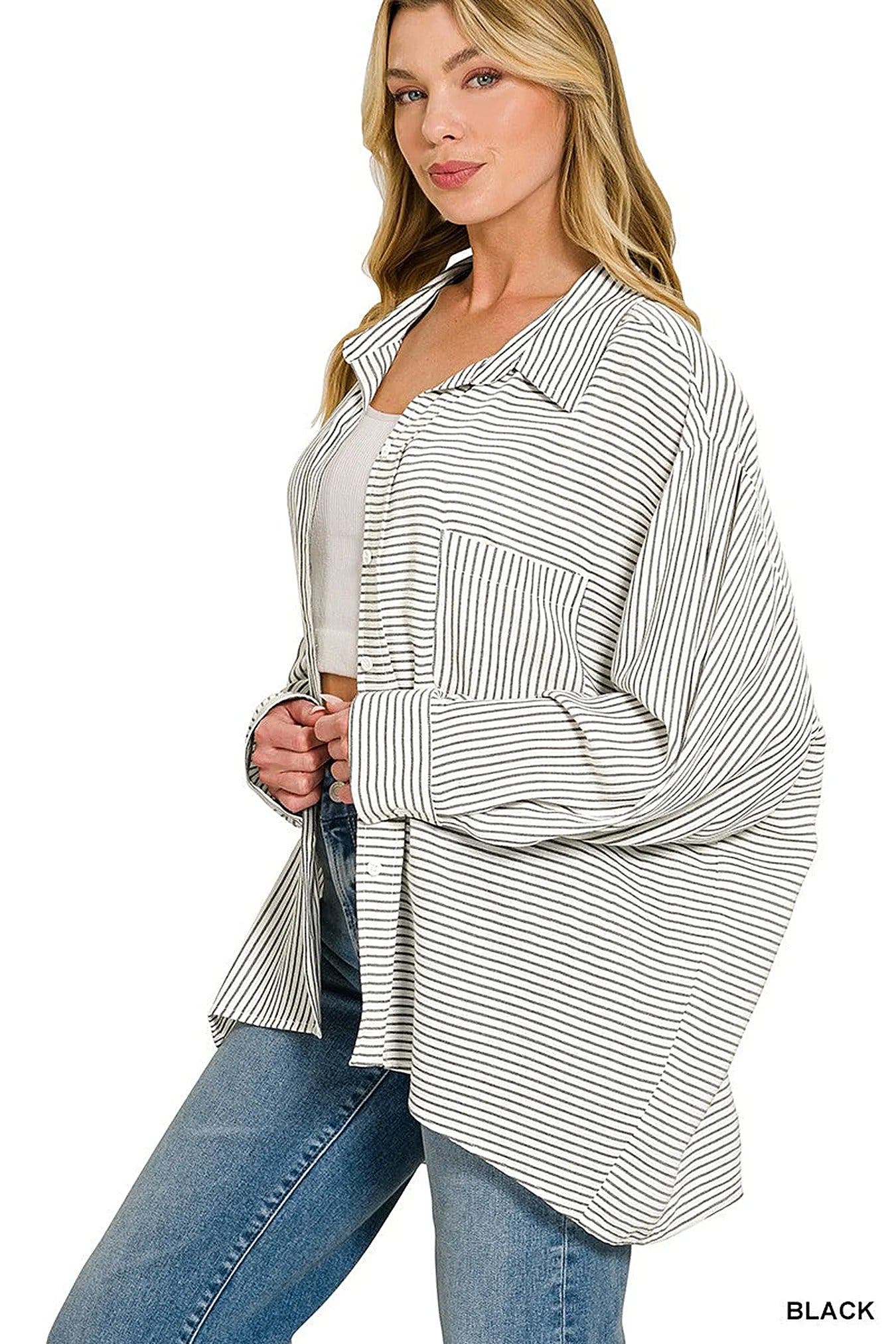 Zenana Woven Stripe Button Down Shirt -