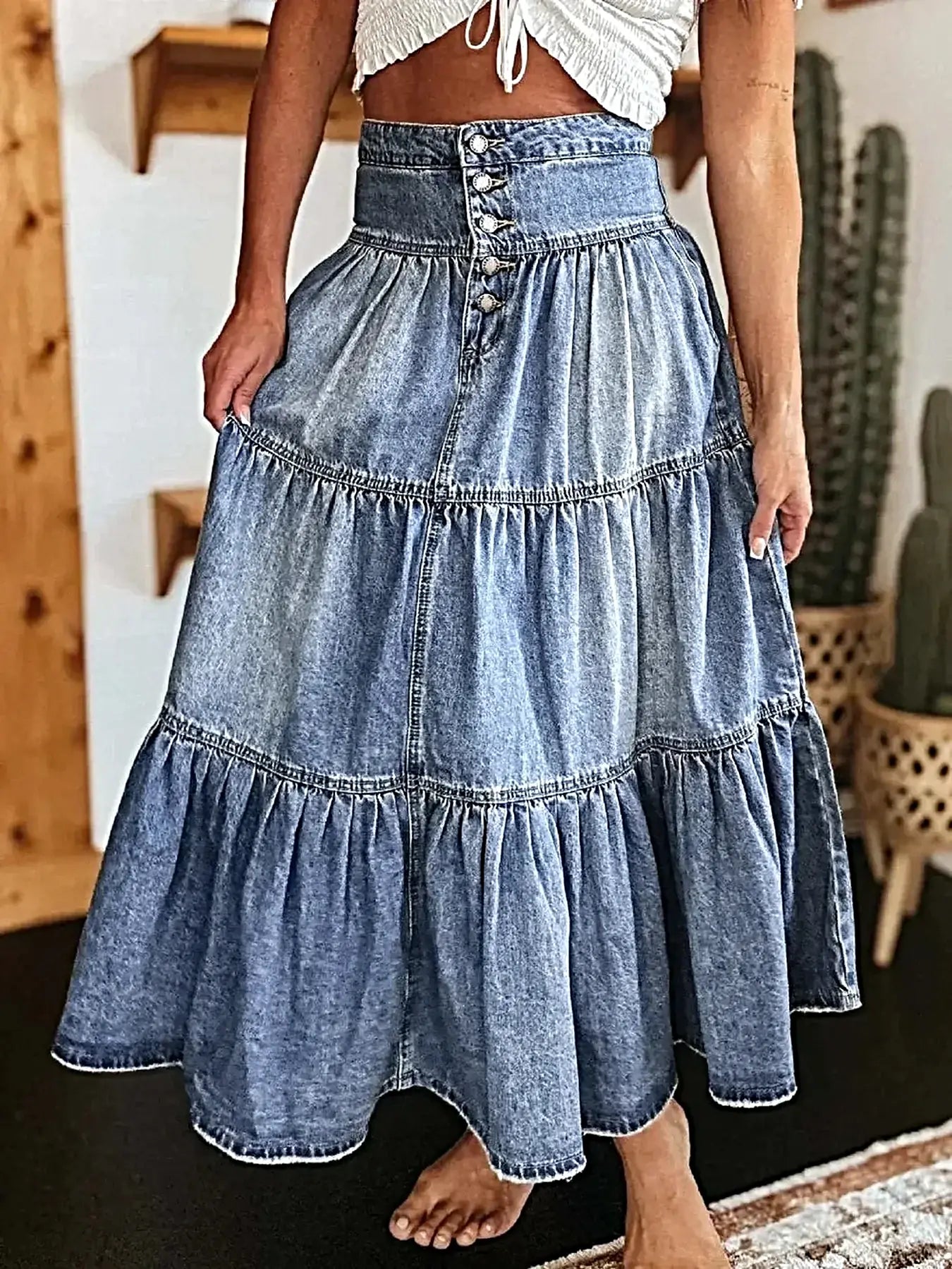 Tiered Button-Fly Denim Skirt -