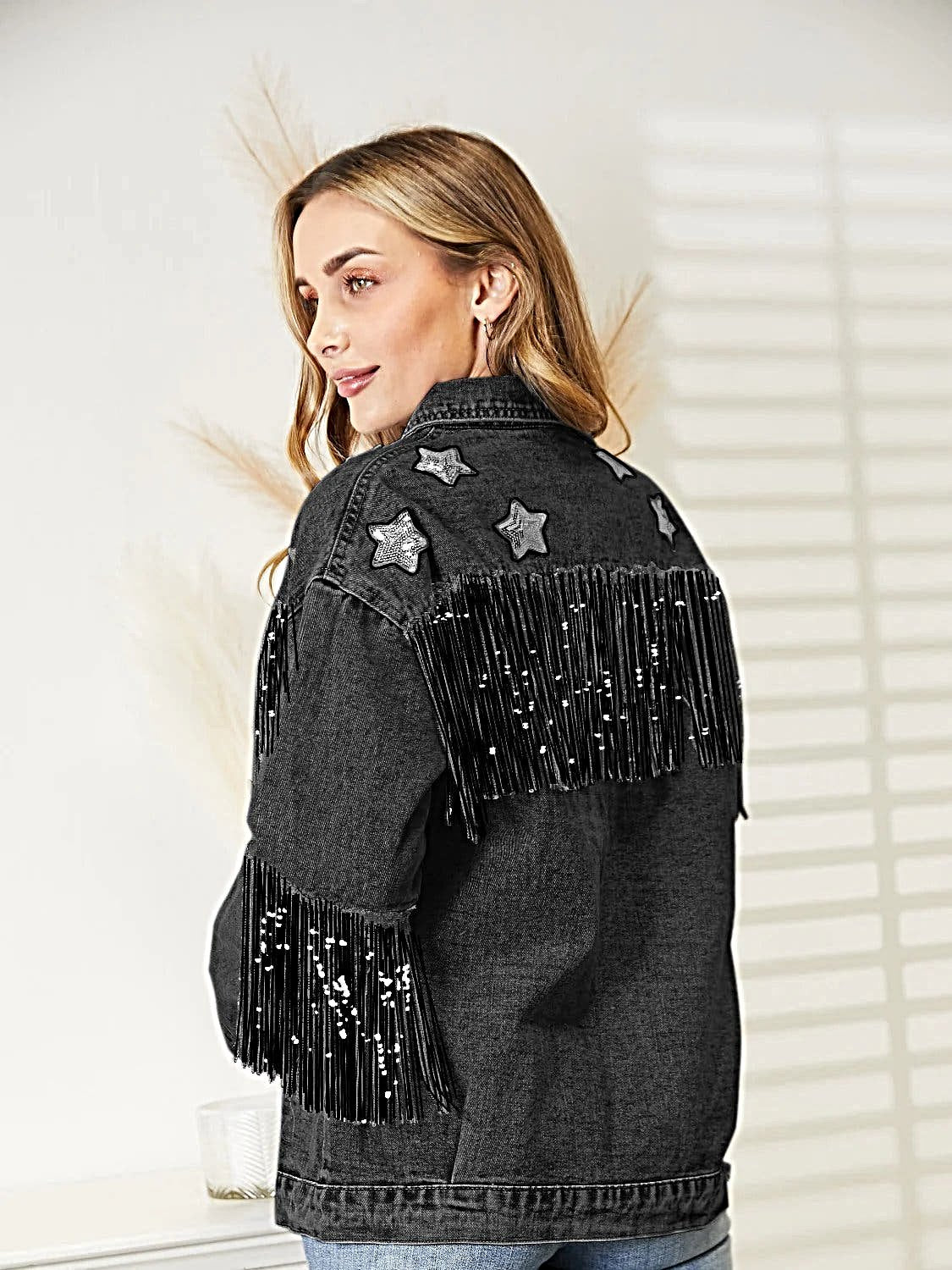 Fringe Detail Long Sleeve Denim Jacket -