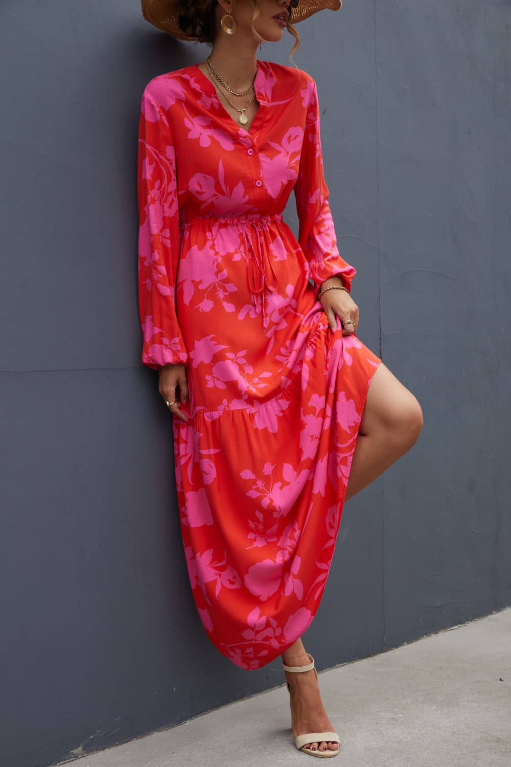 Floral Drawstring Waist Long Sleeve Dress -