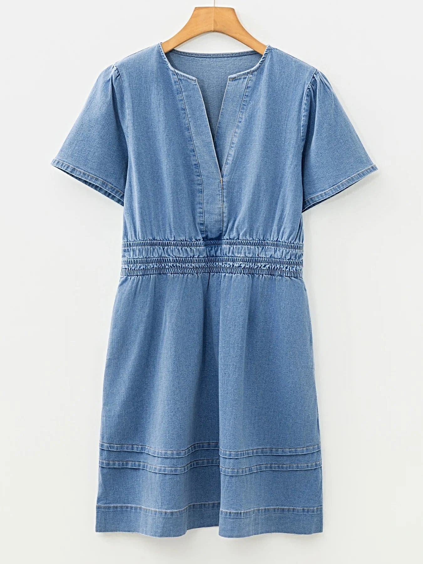 Notched Short Sleeve Denim Dress -