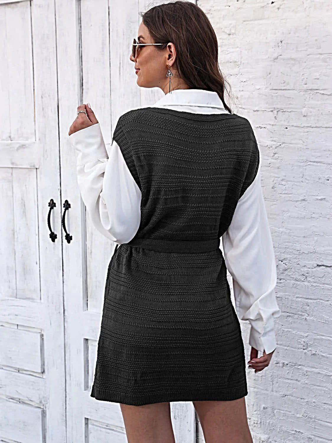 Luxury Tie Front Sweater Dress With V-Neck, Sleeveless Design, And Elegant Slit -
