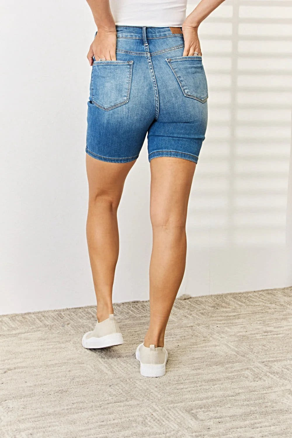 Judy Blue Tummy Control Bermuda Shorts with Double Button Design for Flattering Fit Trendsi